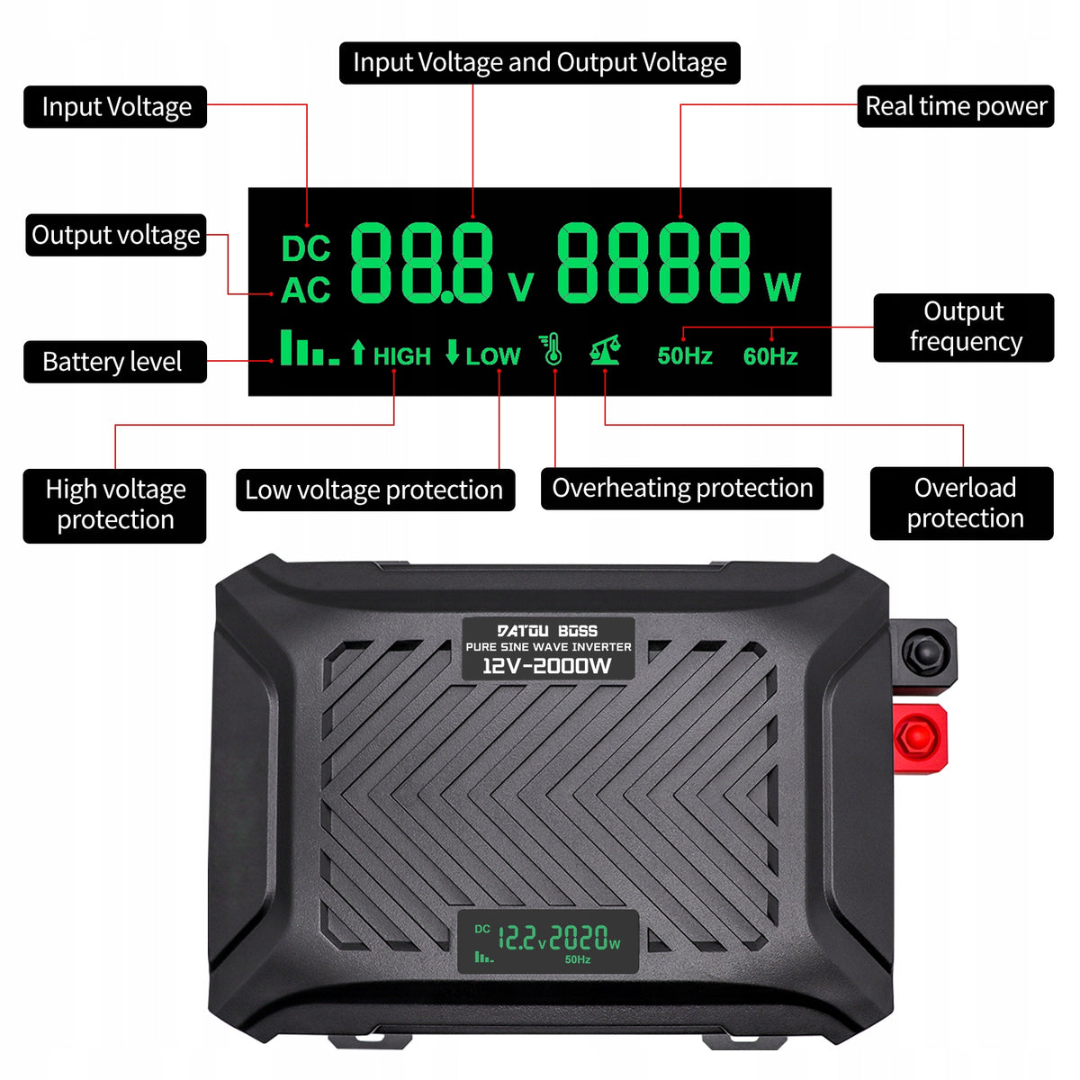 DATOUBOSS PSW-E2000W Inverter 12V 230V 2000W 4000W Pure Sinus With USB Packaging status original