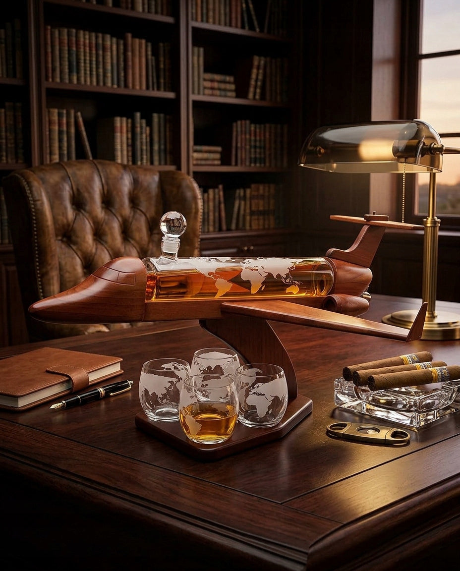 DECANTER LARGE AIRPLANE WITH GLASSES FOR ALCOHOL SET OF 5 EL. BEECH WOOD Brand no brand