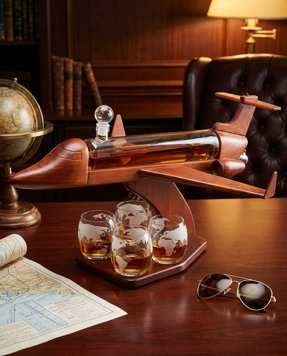 DECANTER LARGE AIRPLANE WITH GLASSES FOR ALCOHOL SET OF 5 EL. BEECH WOOD Packaging status original