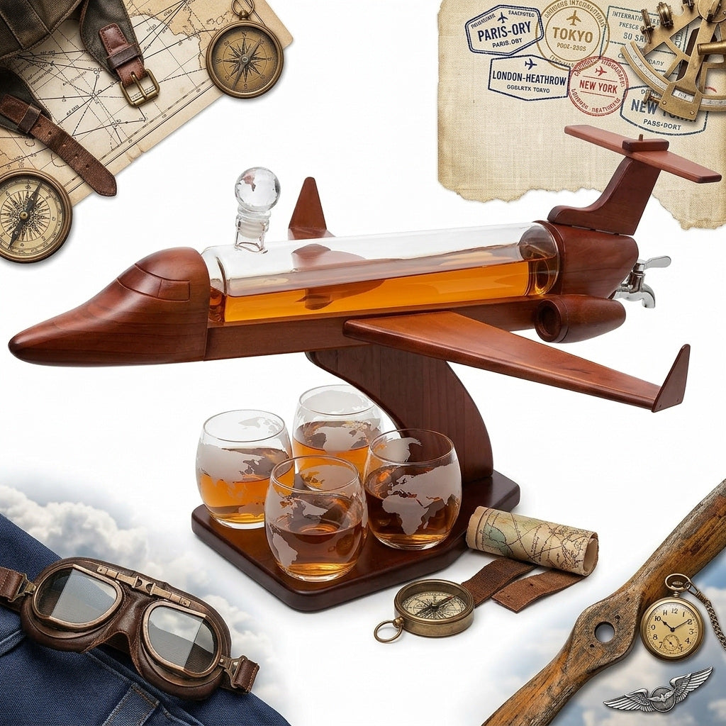 DECANTER LARGE AIRPLANE WITH GLASSES FOR ALCOHOL SET OF 5 EL. BEECH WOOD