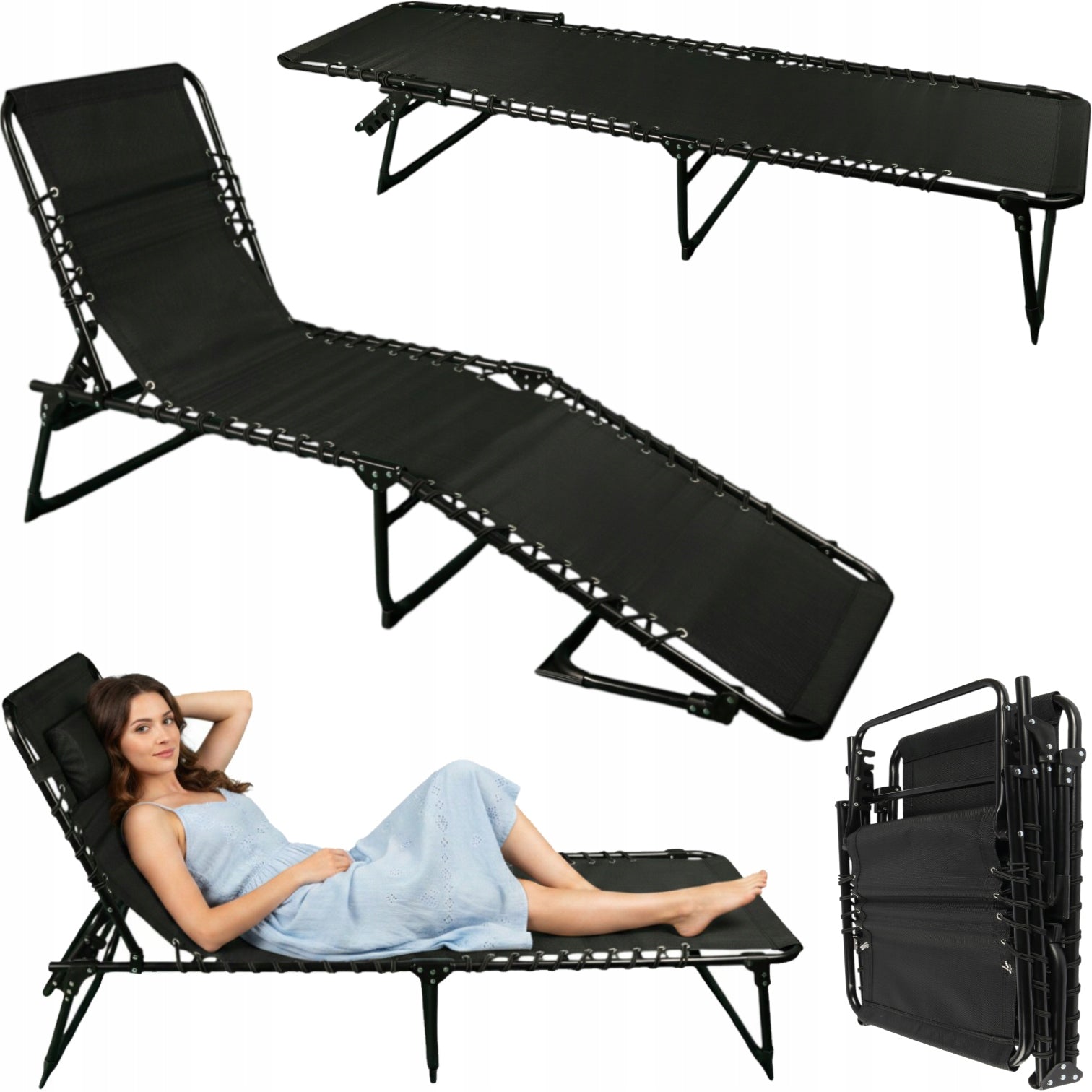 DECKCHAIR GARDEN CHAIR BLACK GOLIAT FOLDING ADJUSTABLE 2-IN-1 FIELD BED