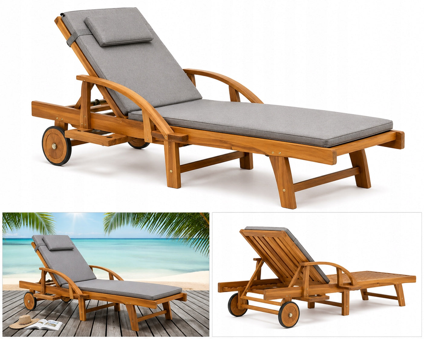 DECKCHAIR WOODEN GARDEN BALCONY TERRACE SOLID WITH DRINK HOLDERS COMFORT