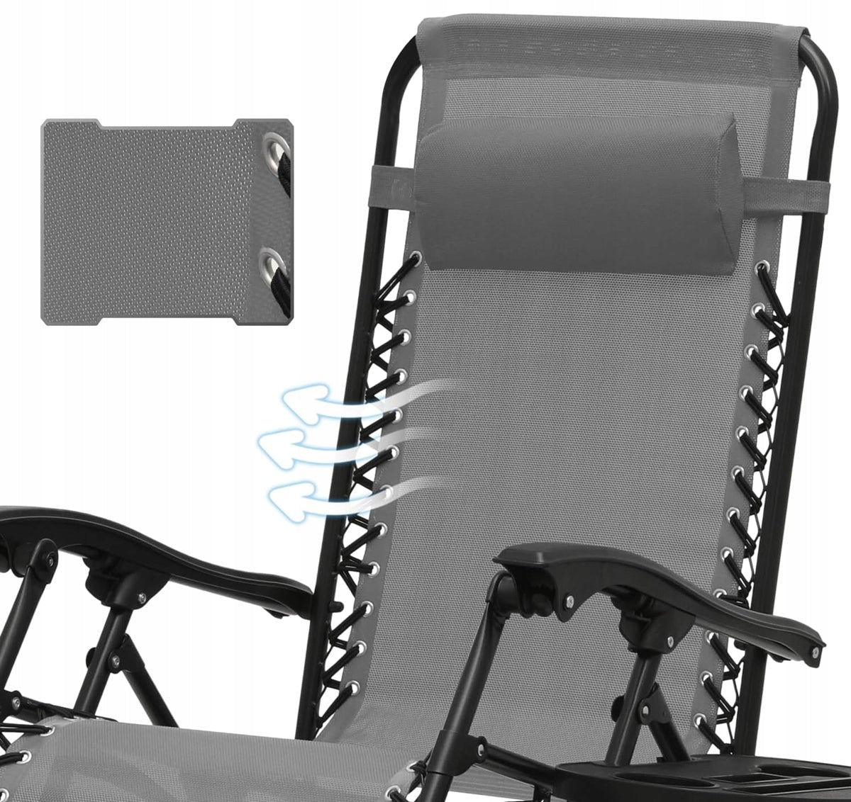 DECKCHAIR ZERO GRAVITY Folding Grey + SHELF Adjustable Comfort XXL Color gray