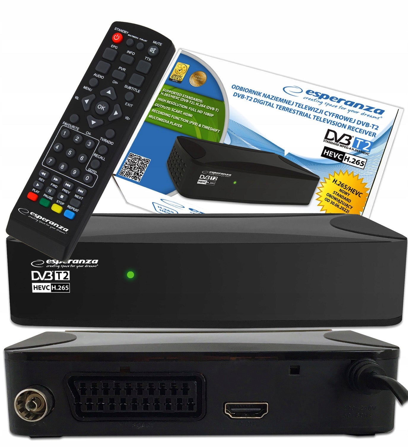 DECODER TERRESTRIAL TV TUNER HD DVB-T2 HEVC H.26 USB SCART HDMI + REMOTE CONTROL