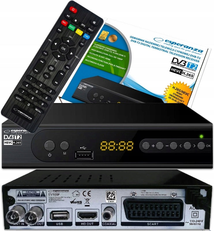 DECODER TERRESTRIAL TV TUNER HD DVB-T2 HEVC H.265 DISPLAY + REMOTE CONTROL Packaging status original