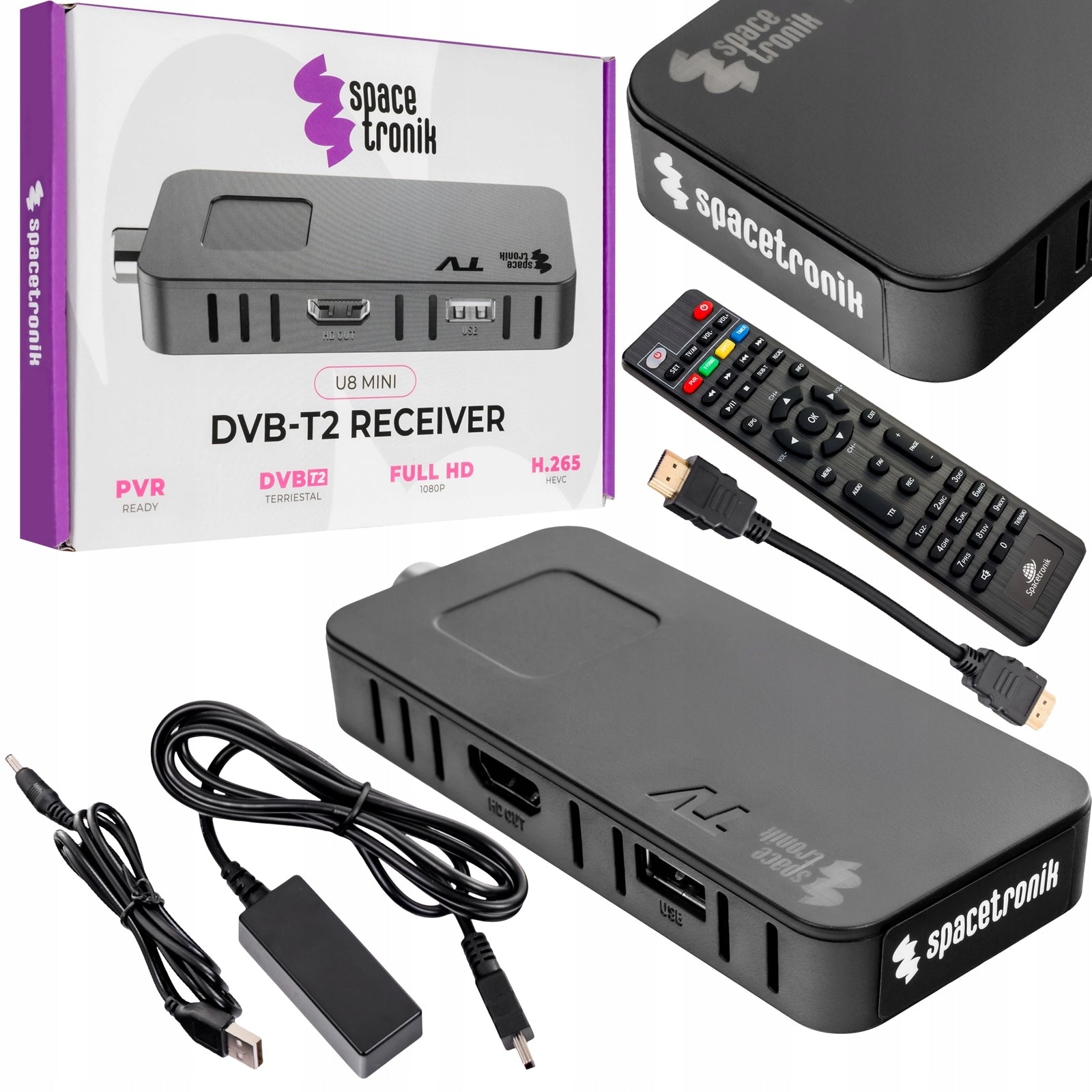 DECODER TV TUNER DVB-T2 HEVC H.265 Full HD HDMI REMOTE CONTROL USB Spacetronik