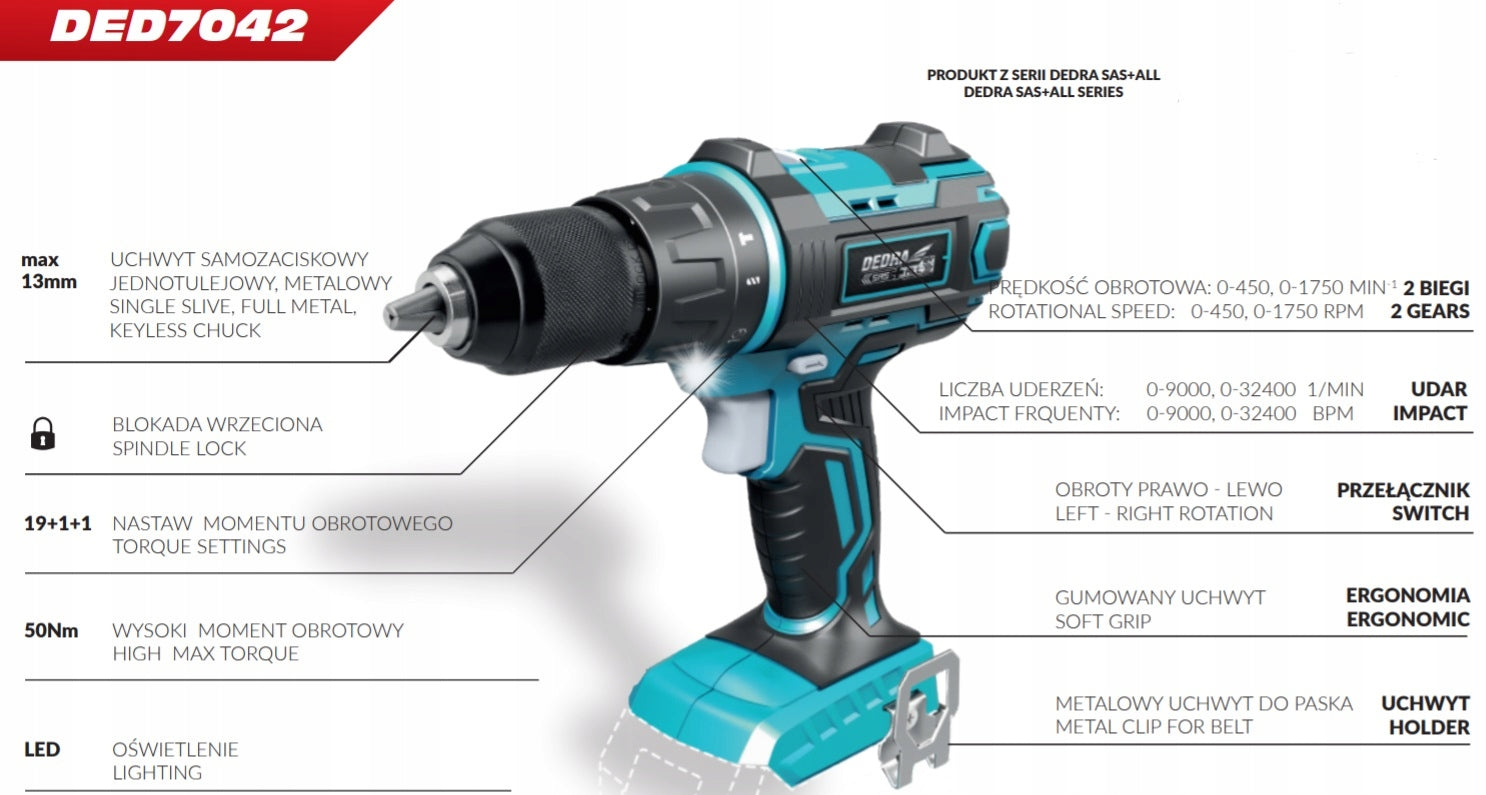 DEDRA DED7042 DRILL/DRIVER AKU. 18V SAS+ALL Manufacturer code DED7042