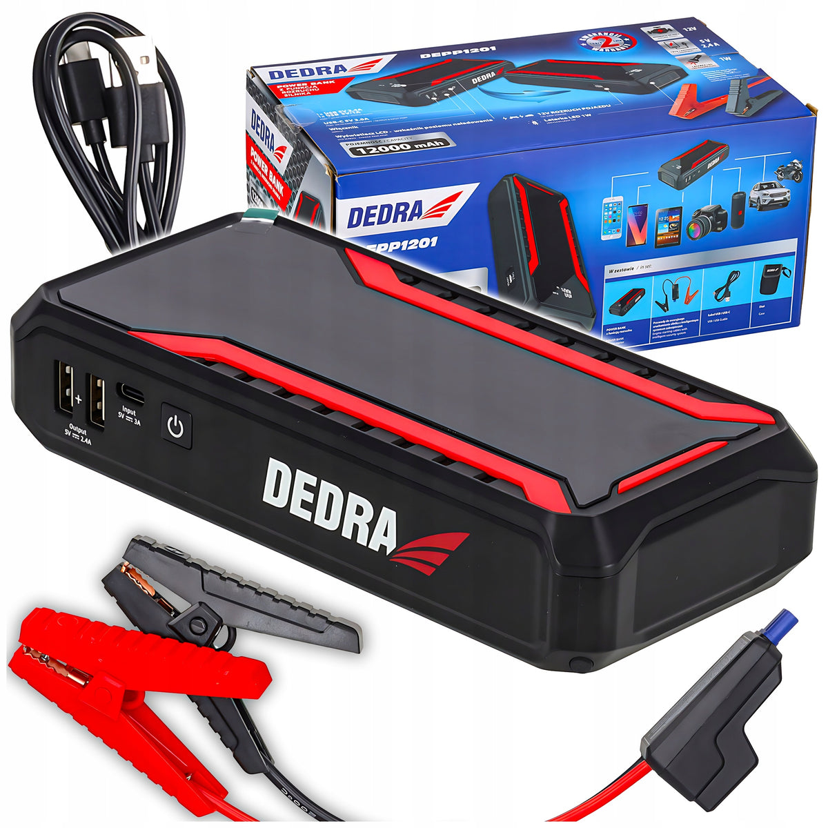 DEDRA Jump Starter 12000mAh USB-C LED Booster 44,4Wh