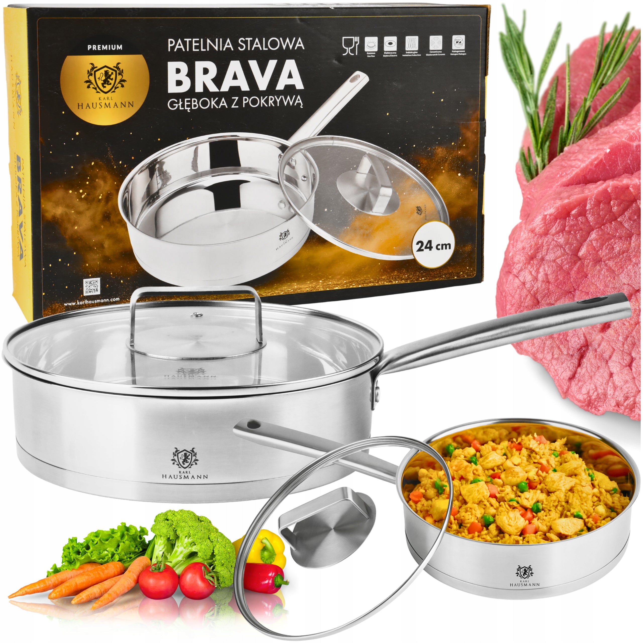 DEEP STEEL PAN WITH LID FOR FRYING GASTRO 24CM INDUCTION GAS