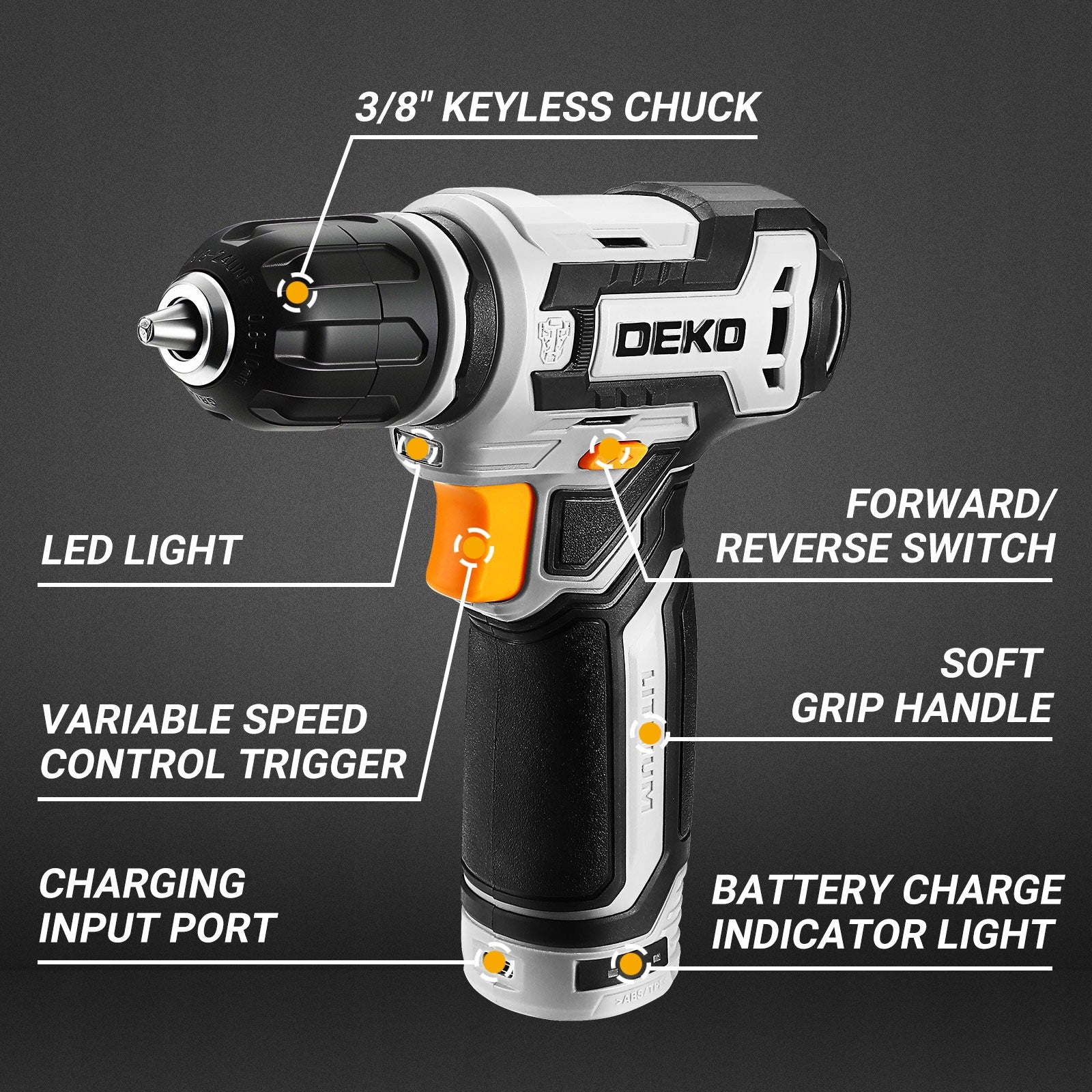 DEKO Akumulatorowy wkrętarka i wiertarka 12V LED z walizką i 13 akcesoriami Manufacturer code DKCD12XL02G-S2EU