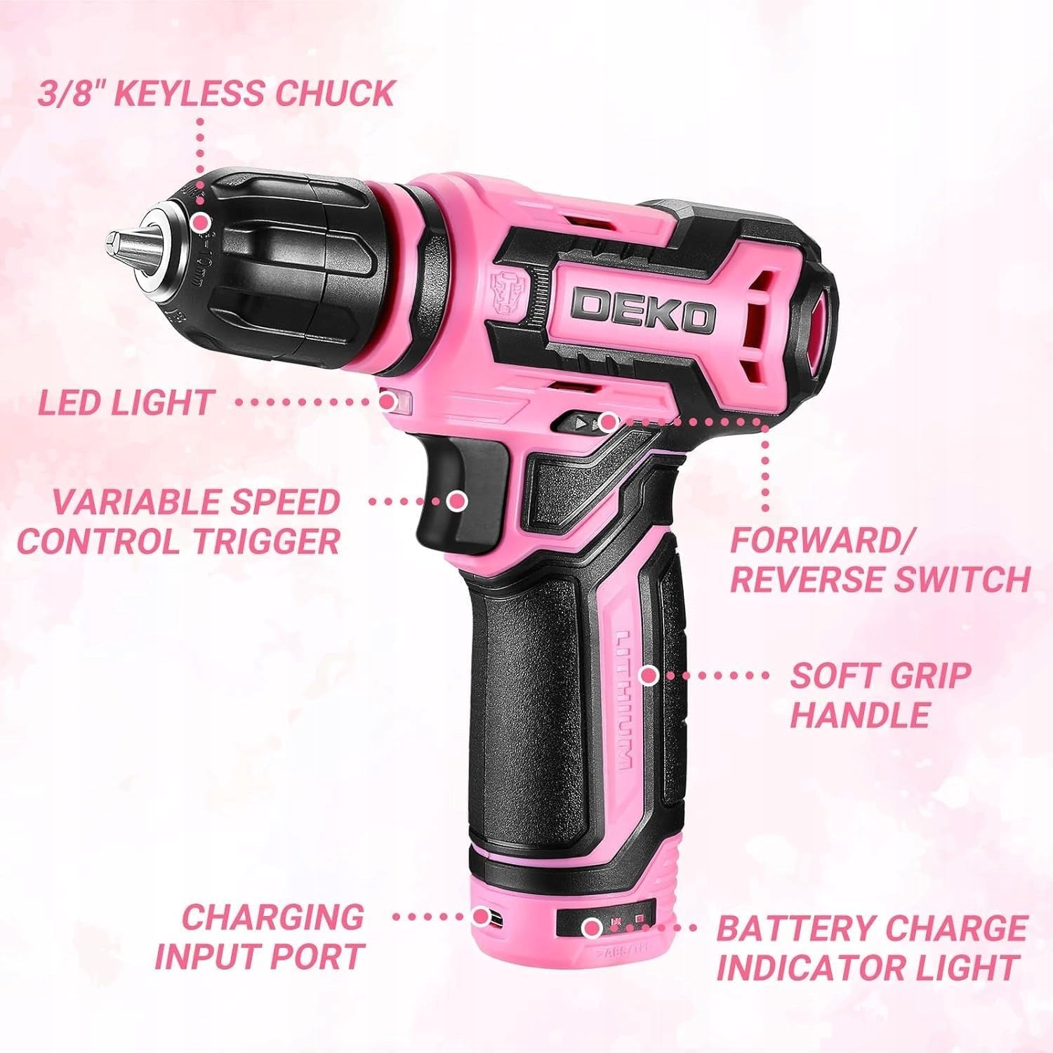 DEKO Różowa wiertarko-wkrętarka akumulatorowa Type-C LED zestaw bitów DIY Manufacturer code DKCD12XL02P-S2EU