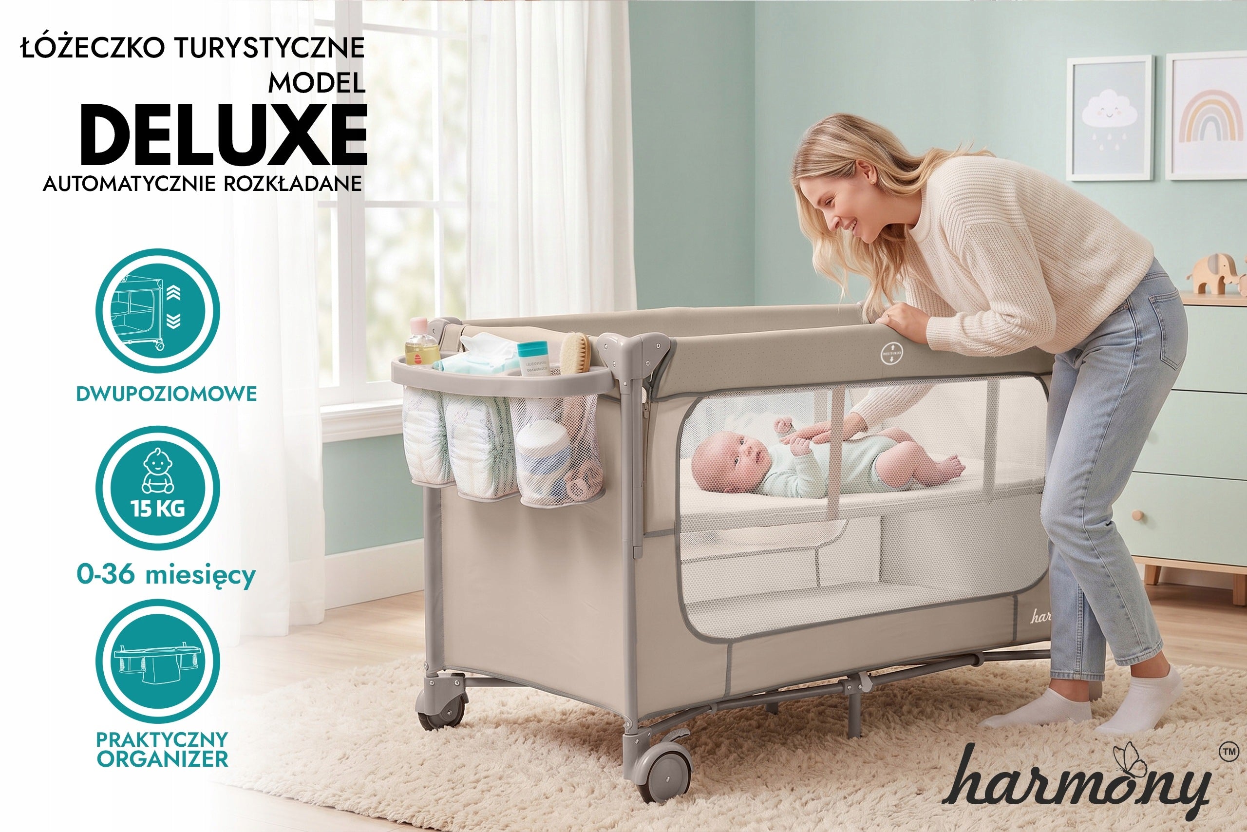 DELUXE TWO-LEVEL FOLDING TRAVEL COT + CHANGING TABLE AND ORGANIZER Brand Harmony