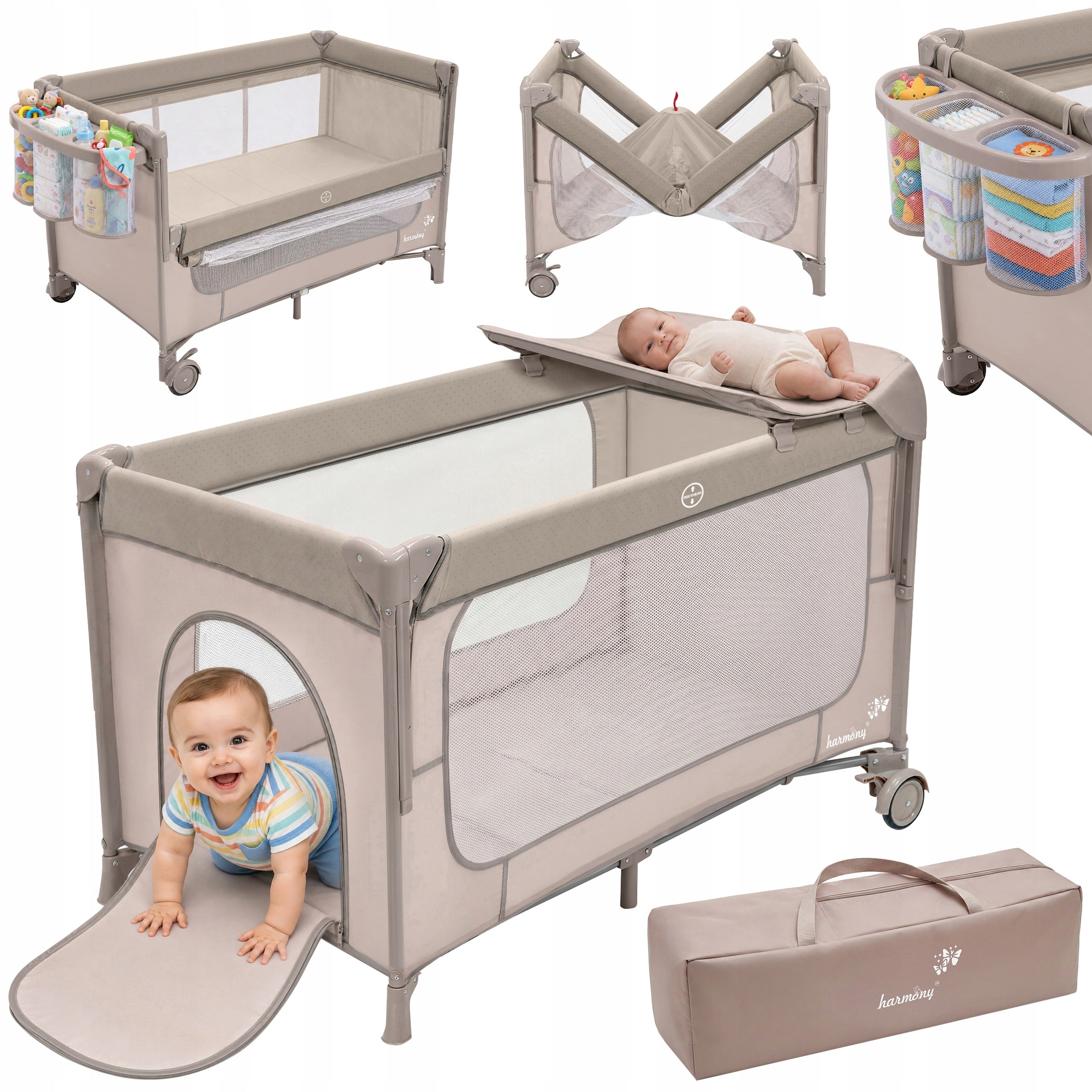 DELUXE TWO-LEVEL FOLDING TRAVEL COT + CHANGING TABLE AND ORGANIZER