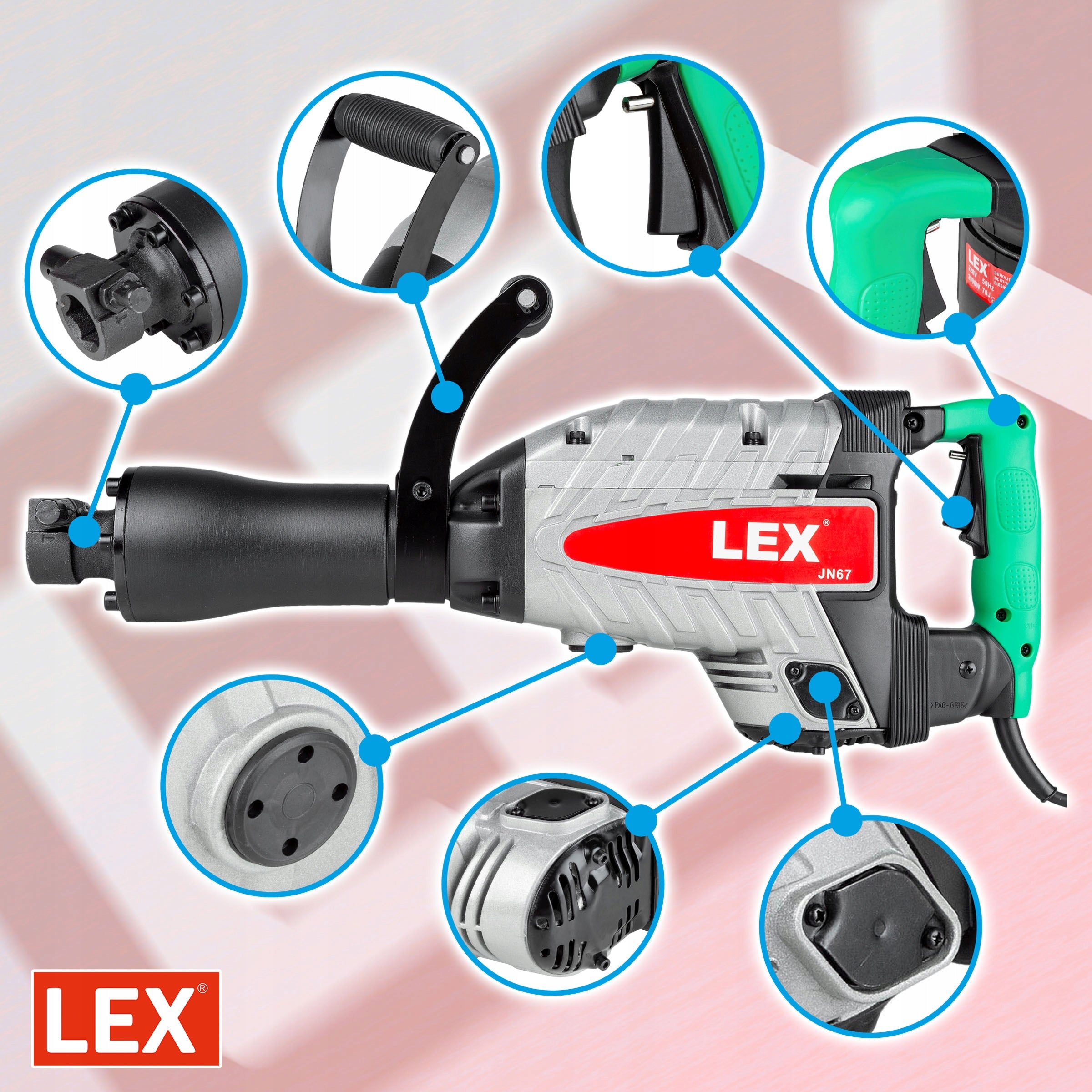 DEMOLITION HAMMER IMPACT HAMMER FORGING HEX 70J CHISELS INCLUDED SUITCASE SDS Brand Lex