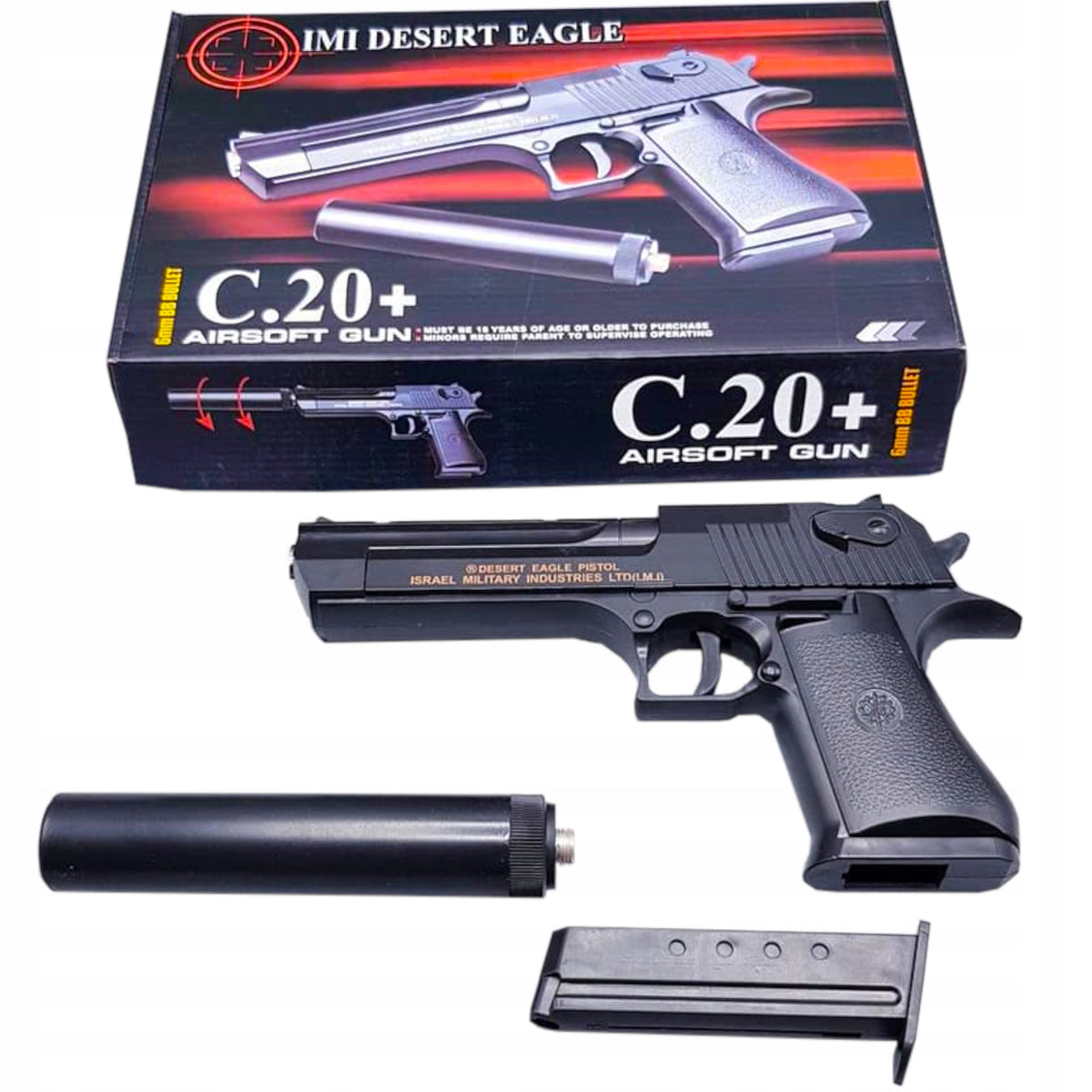DESERT EAGLE METAL GUN FOR BALLS WITH SILENCER BLACK REPLICA ASG Packaging status original