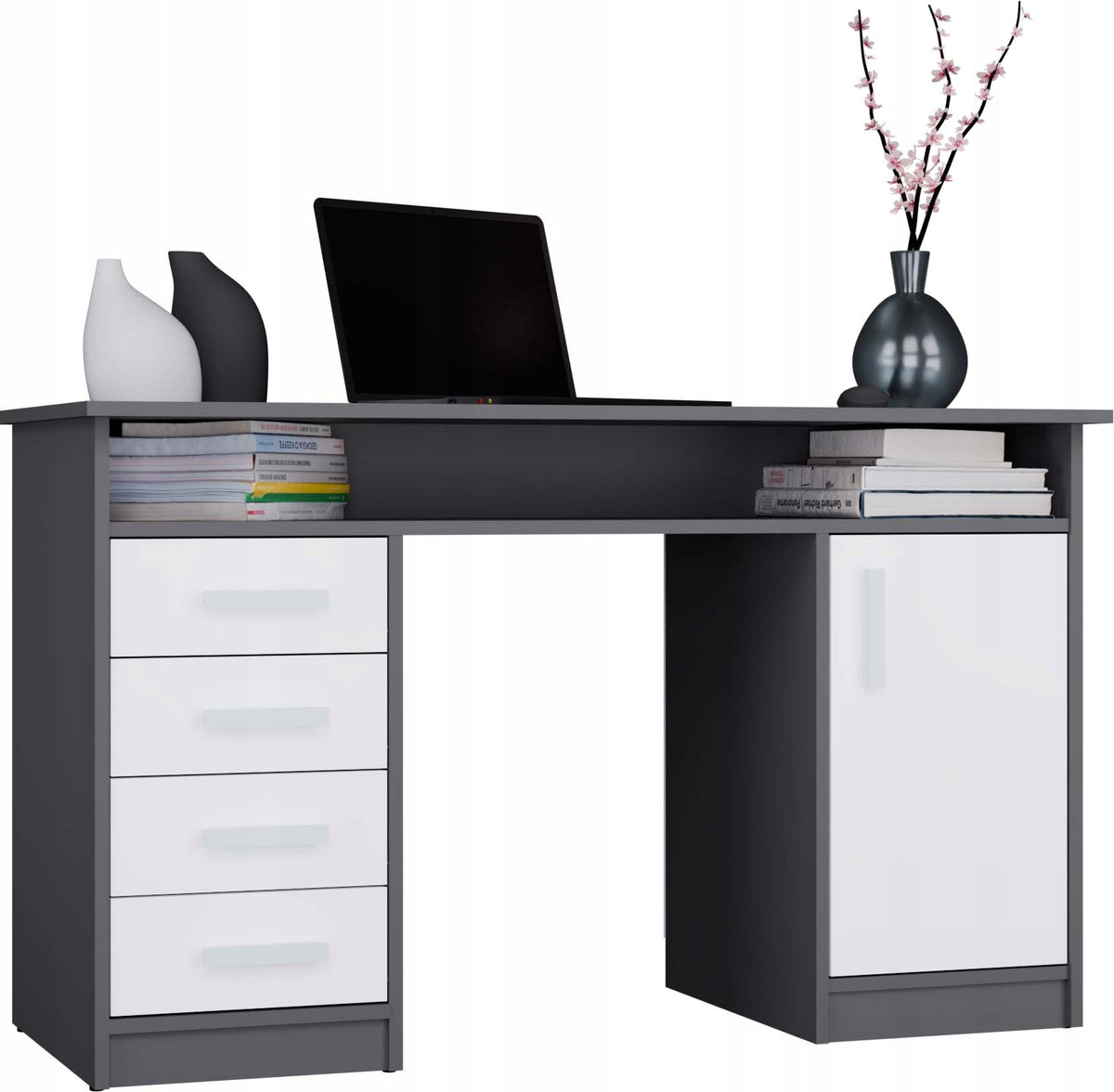 DESK ADA ANTHRACITE WHITE 125 CM 4 DRAWERS 3 SHELVES 1 DOOR TO THE OFFICE ROOM