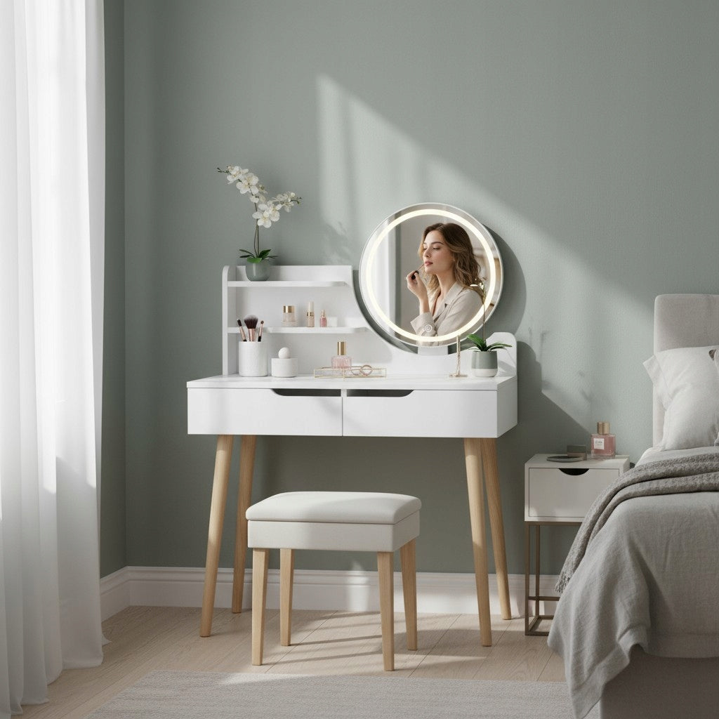 DESK WITH MIRROR LED SCANDINAVIAN DRESSING TABLE GLAMOUR COSMETIC MAKE-UP Furniture width 80 cm