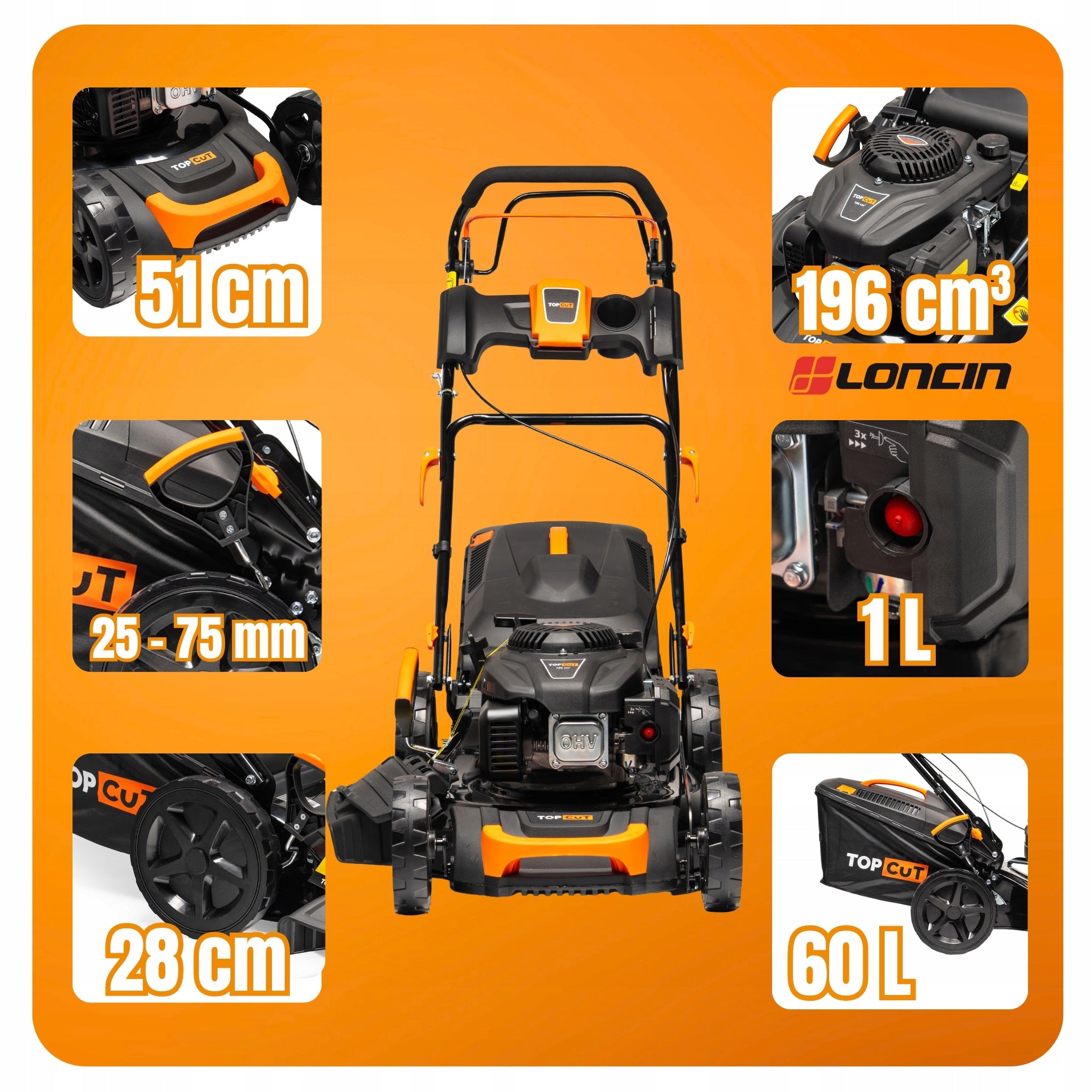 DIESEL MOWER WITH GRASS DRIVE TOPCUT ENGINE LONCIN 196CC 51CM OIL Brand Top CUT