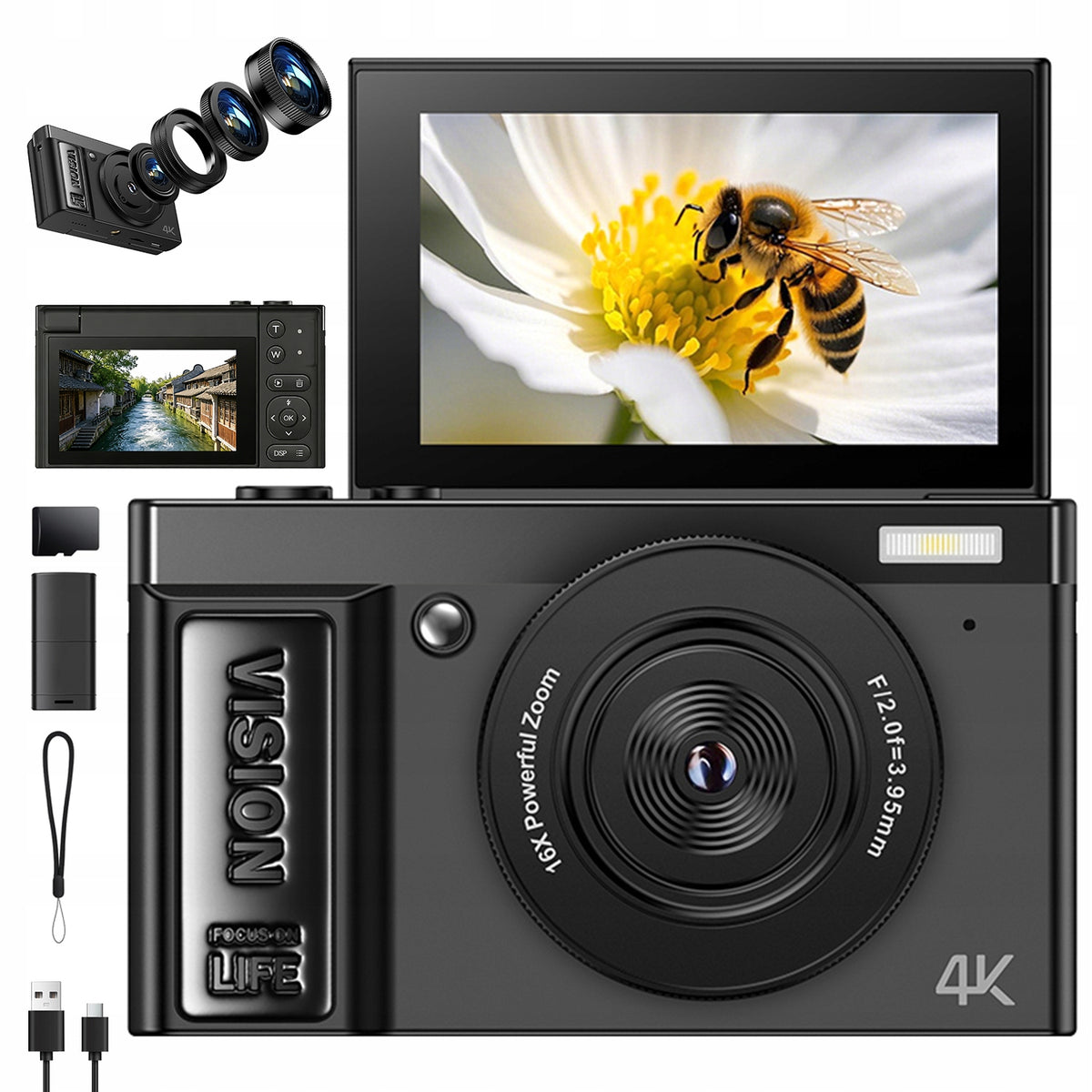 DIGITAL CAMERA 4K 64MP ROTATING DISPLAY 180° TRIPOD INTERFACE