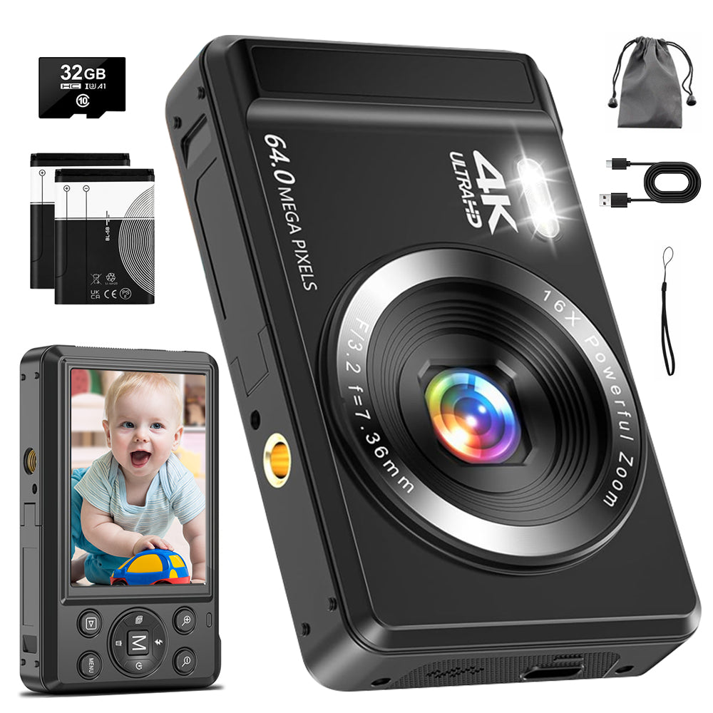 DIGITAL CAMERA 4K 64MPX FACE RECOGNITION ZOOM 16X CARD 32GB BLACK