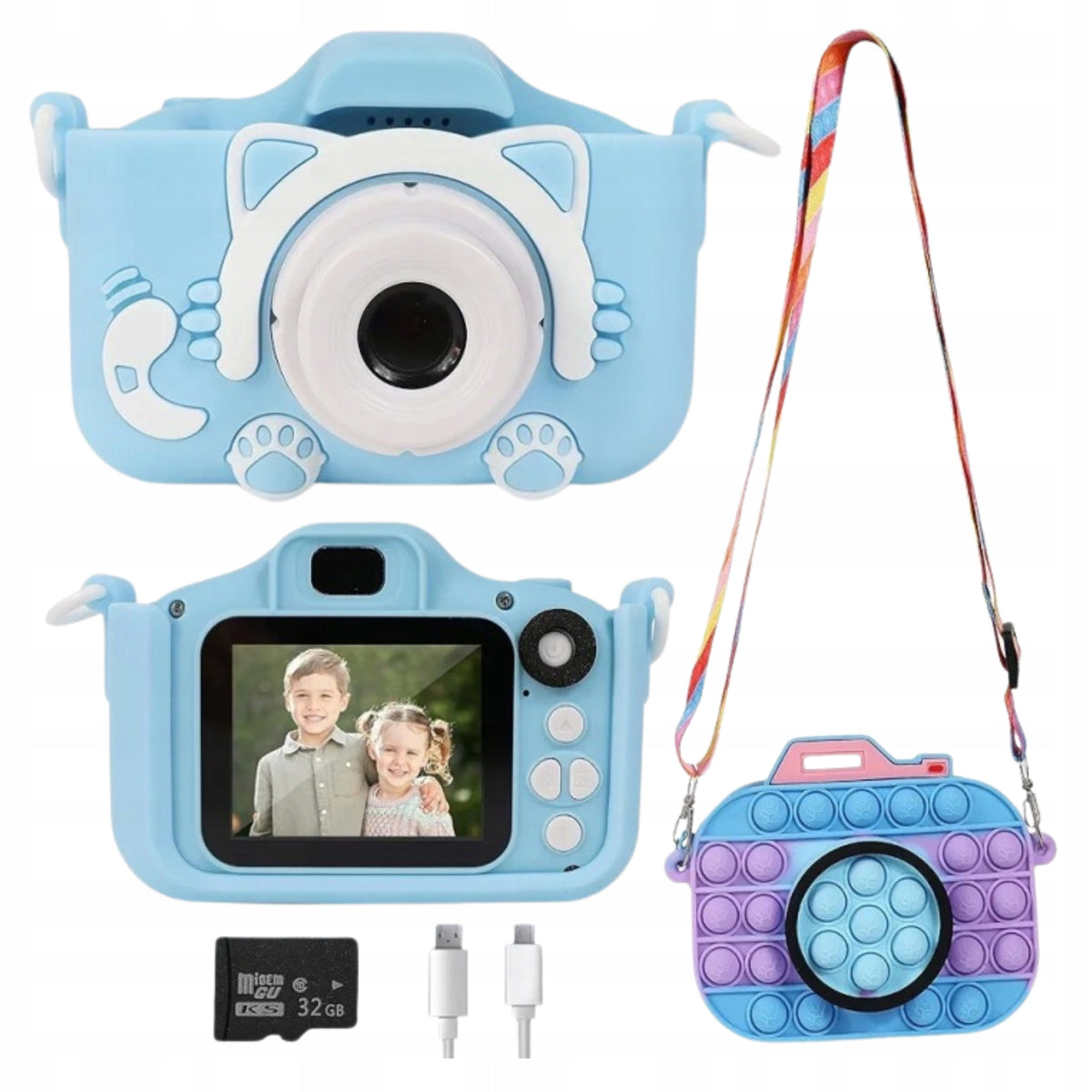 DIGITAL CAMERA FOR CHILDREN KITTEN BLUE 1080P 2" CARD 32GB CASE BAG