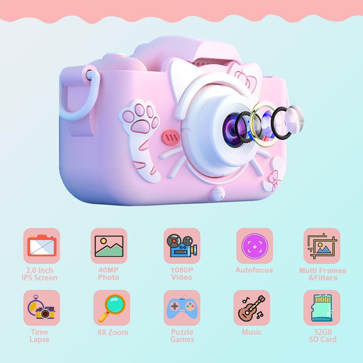 DIGITAL CAMERA FOR CHILDREN PHOTO KITTEN PINK SUPER GIFT Brand Happy