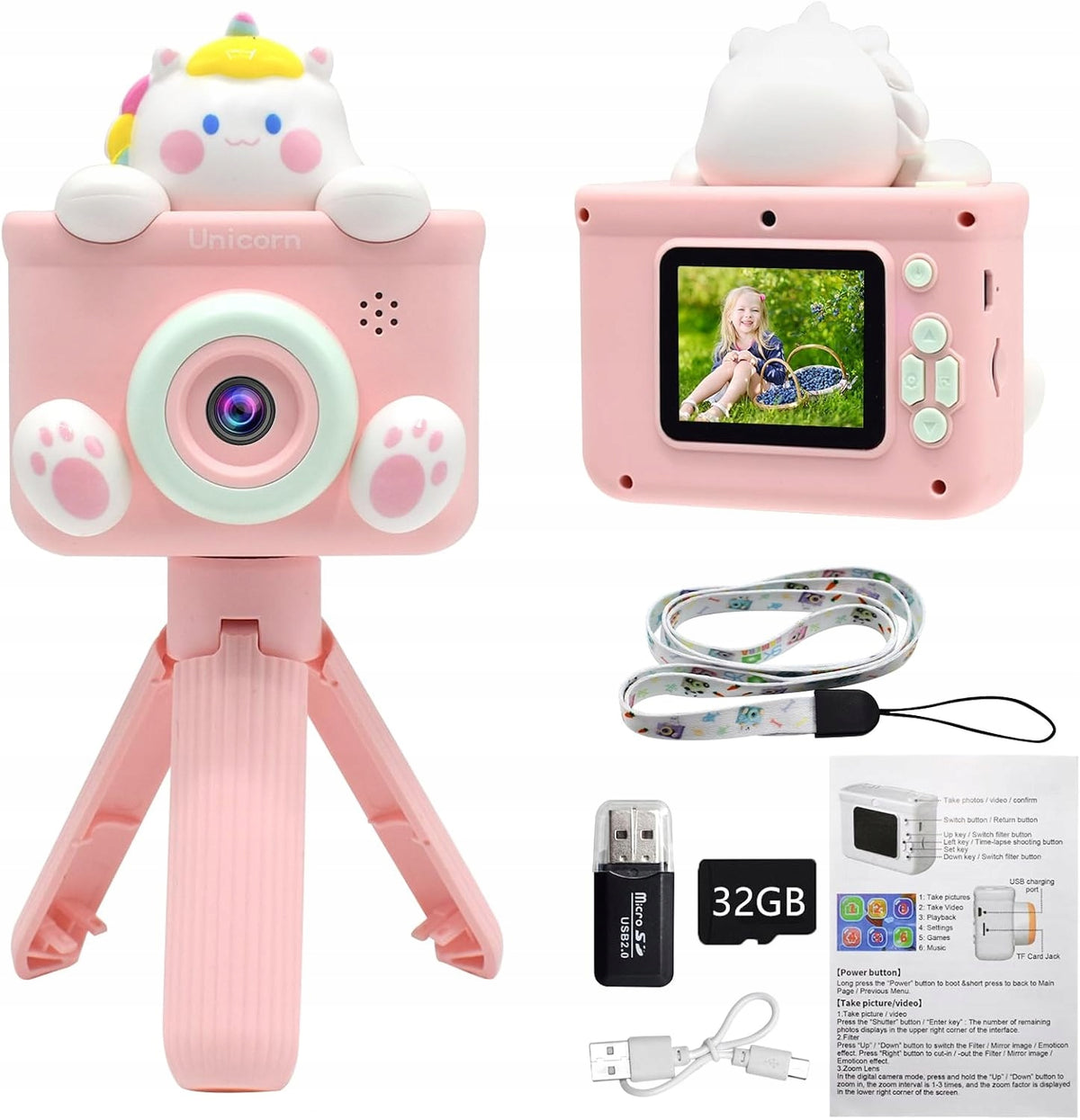 DIGITAL CAMERA FOR CHILDREN UNICORN GAME + 32GB CARD
