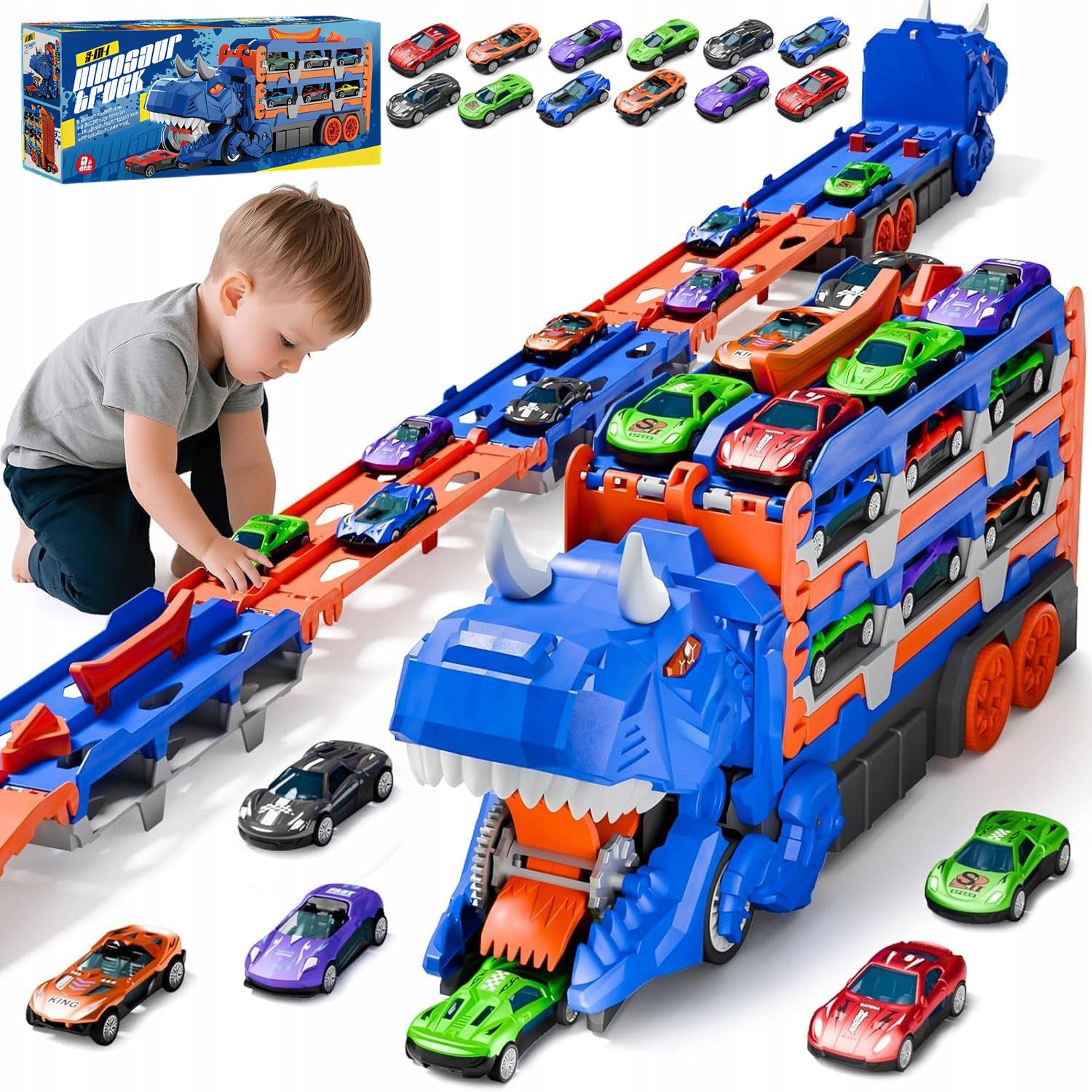 DINOSAUR RACING CAR TRANSPORTER 3IN1 SET RACE TRACKS+12 CARS