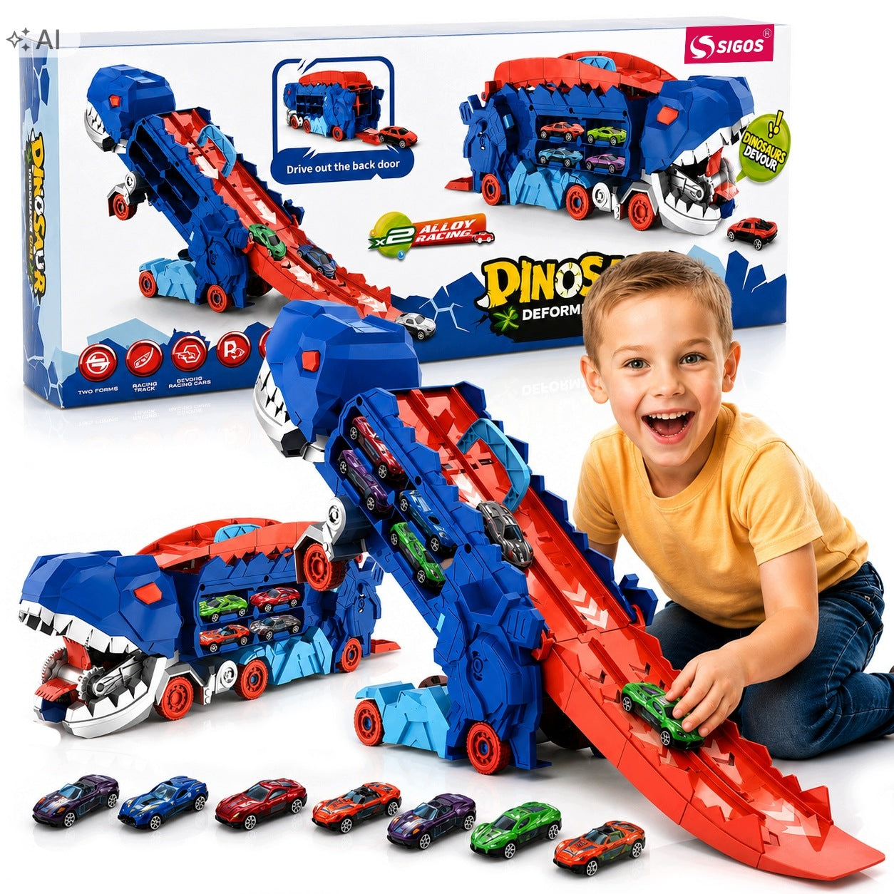 DINOSAUR TIR TRANSPORTER LAUNCHER TRACK SLIDE + 8 CARS
