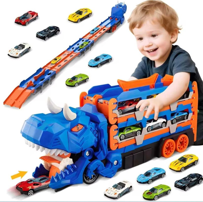 DINOSAUR TRANSPORTER RACE TRACK LARGE SET IN SUITCASE TRACK + 6 CARS