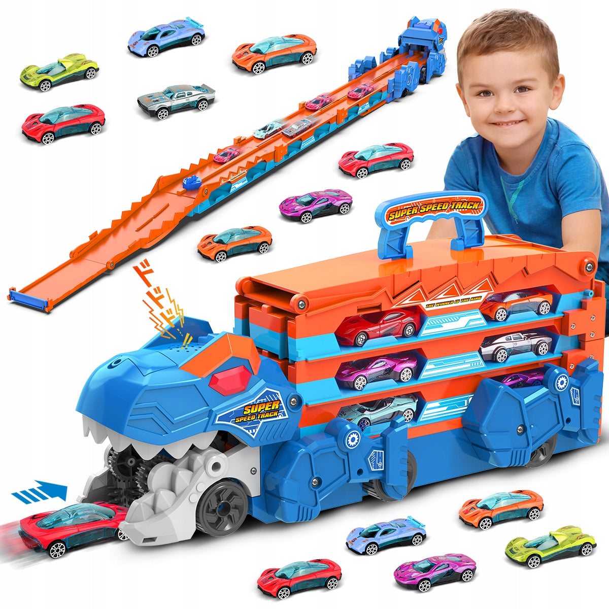 DINOSAUR TRUCK 2IN1 RACE TRACK 8 CARS LAUNCHER SOUND FOLDING 1.65M