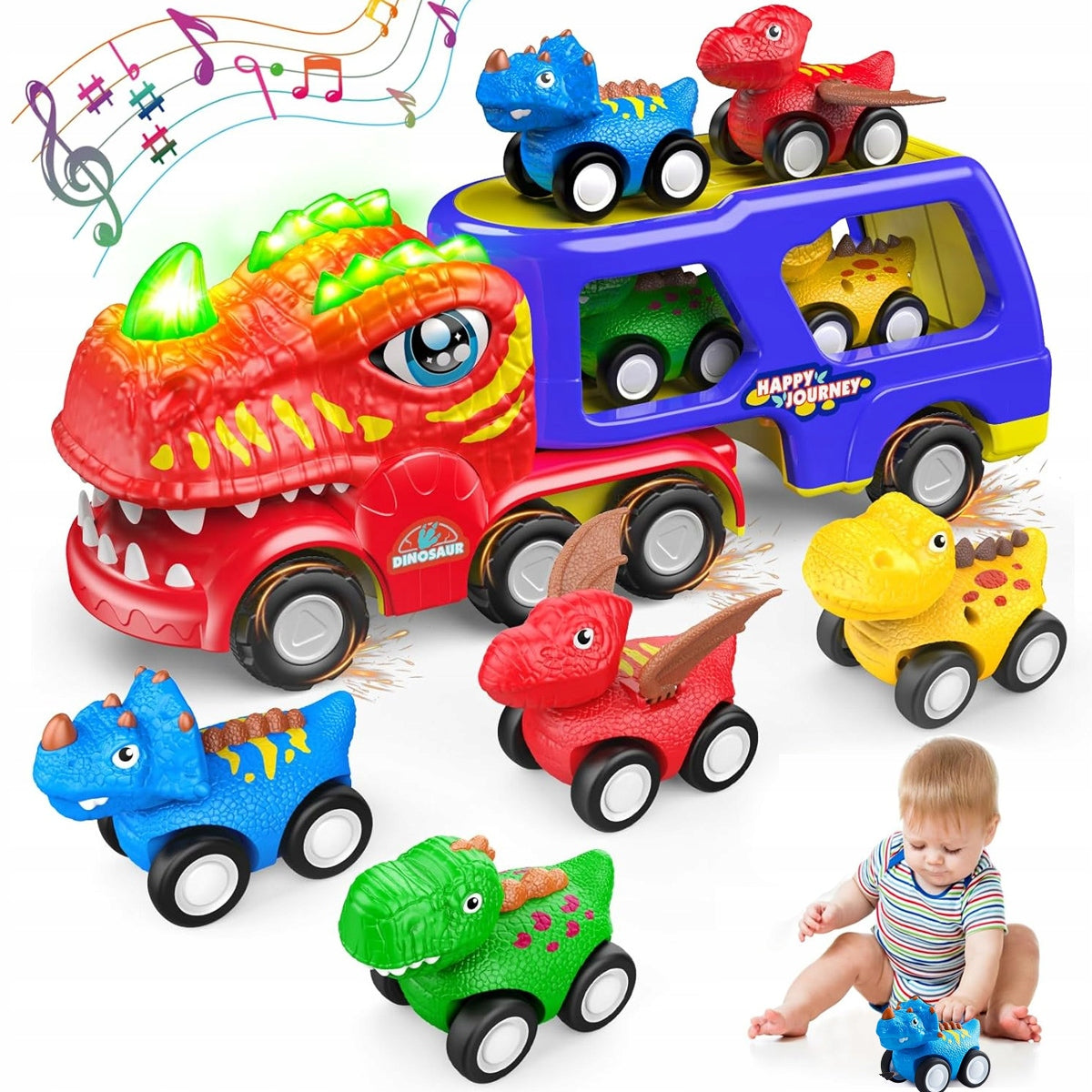 DINOSAUR TRUCK TOW TRUCK TIR SET OF 4 TOY CARS FOR CHILDREN