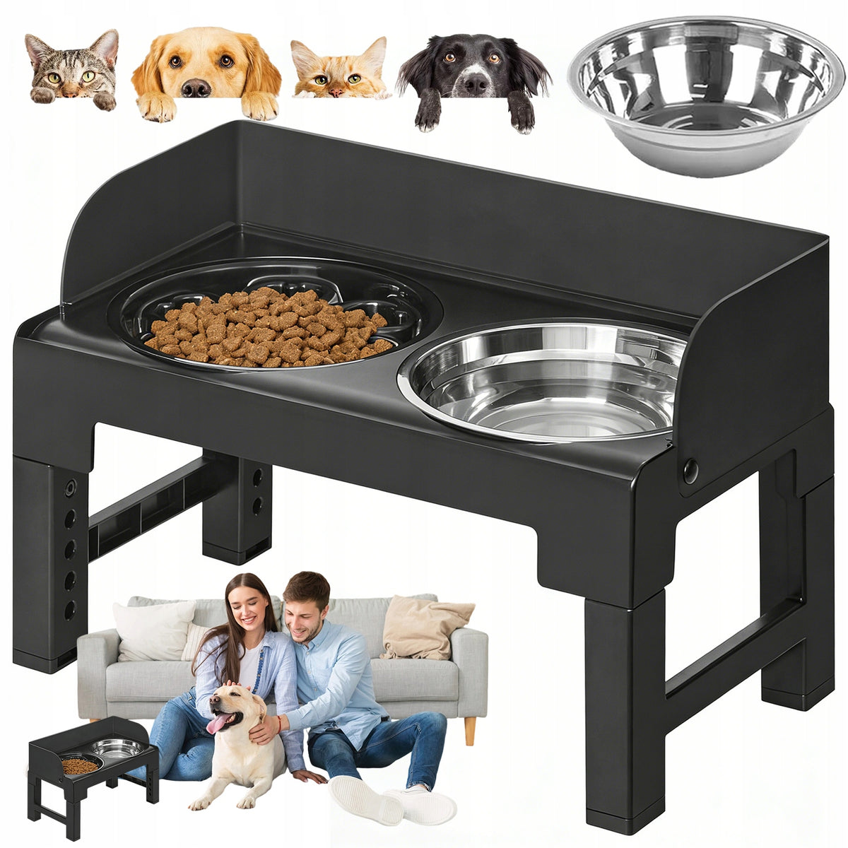 DOG BOWL WITH ADJUSTABLE STAND WITH SLOWING BOWLS