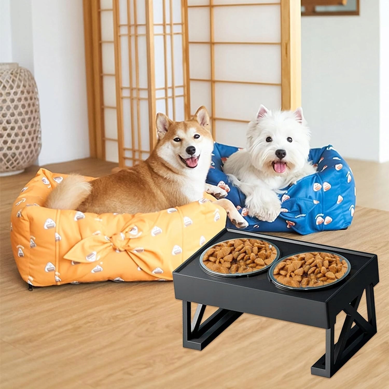 DOG BOWLS ON STAND DOUBLE BOWL ADJUSTABLE LARGE DOG 44cm 2X1L Brand SATIS