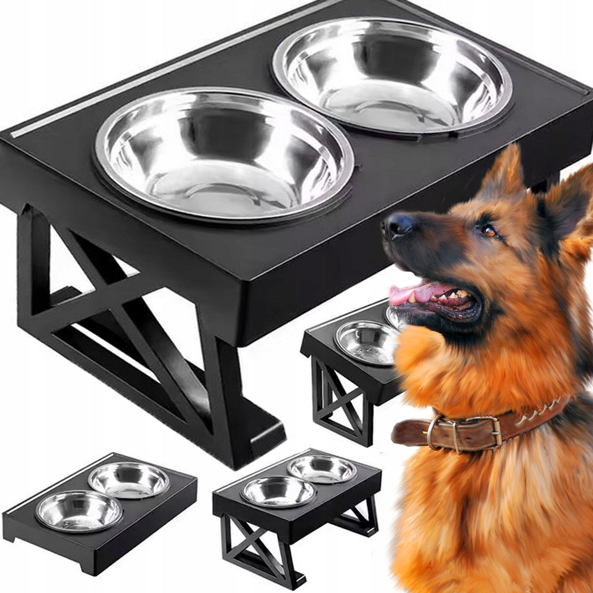 DOG BOWLS ON STAND DOUBLE BOWL ADJUSTABLE LARGE DOG 44cm 2X1L