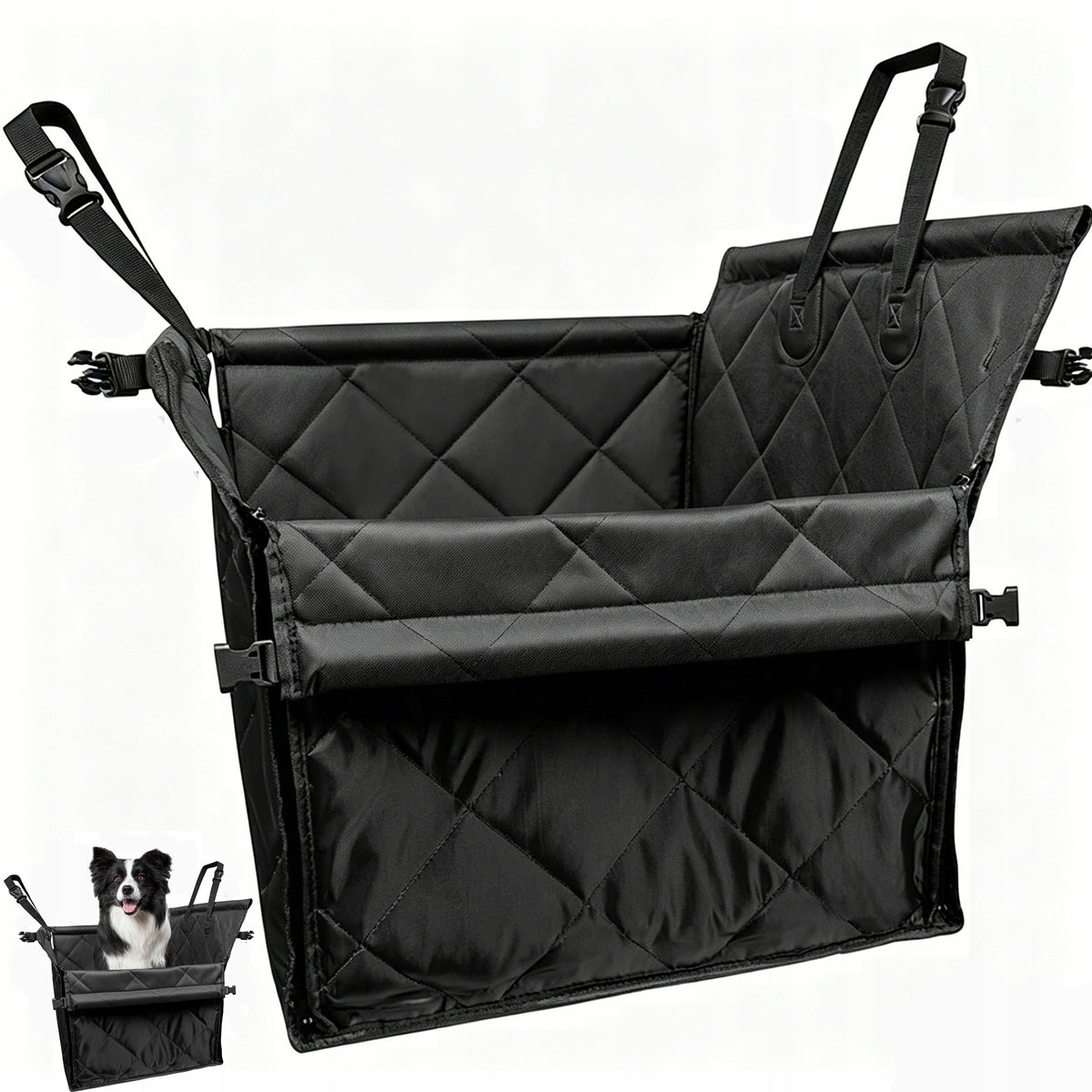 DOG CAR SEAT WITH DOG BELT FOLDABLE PET TRANSPORT BOX FOR BACK SEAT