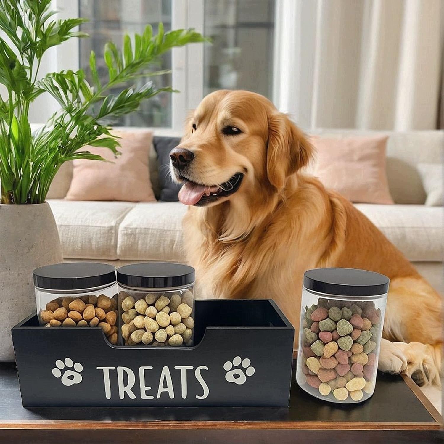 DOG FOOD CONTAINER WOODEN ORGANIZER WITH 3 AIRTIGHT CONTAINERS Packaging status original