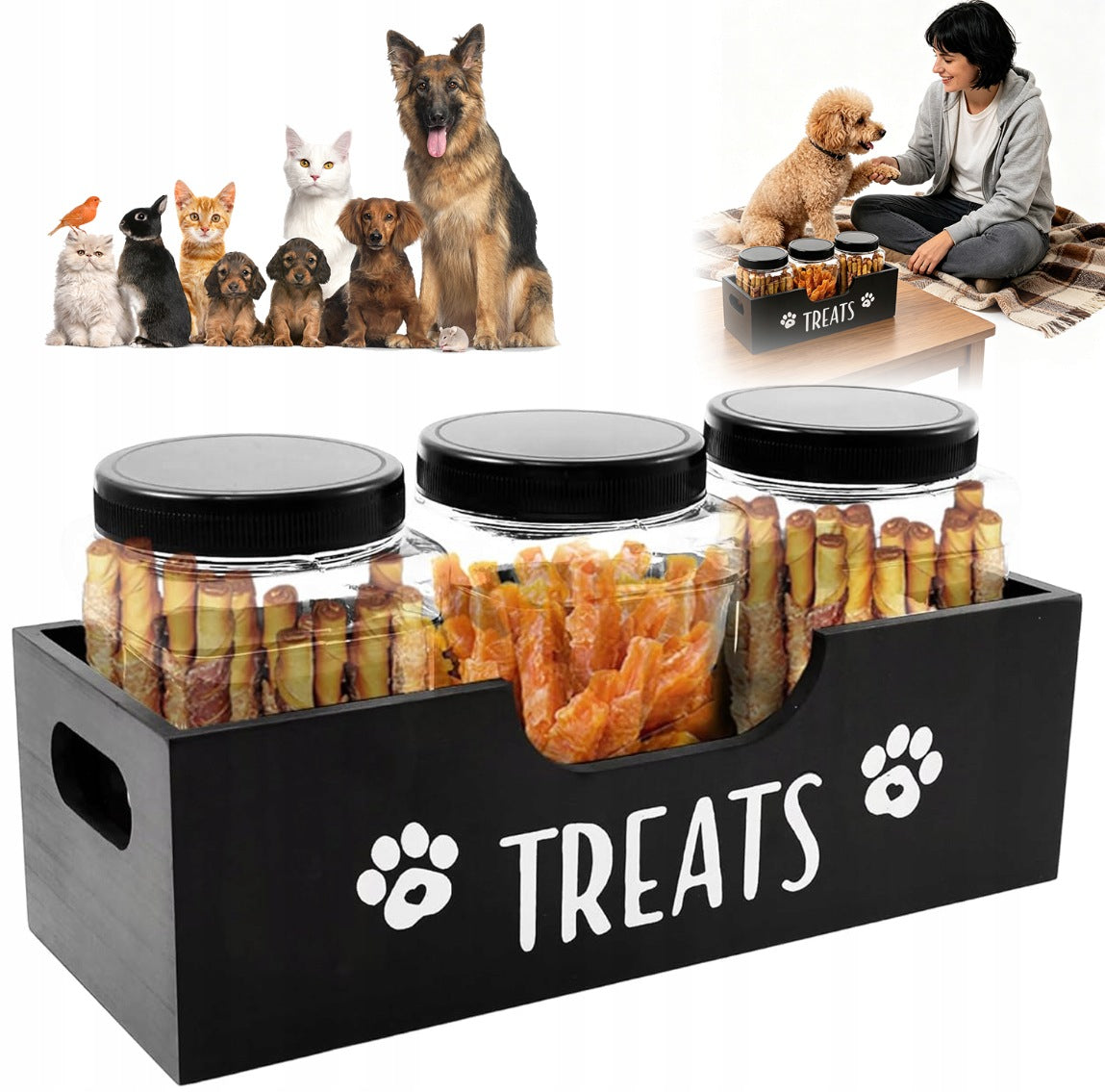DOG FOOD CONTAINER WOODEN ORGANIZER WITH 3 AIRTIGHT CONTAINERS