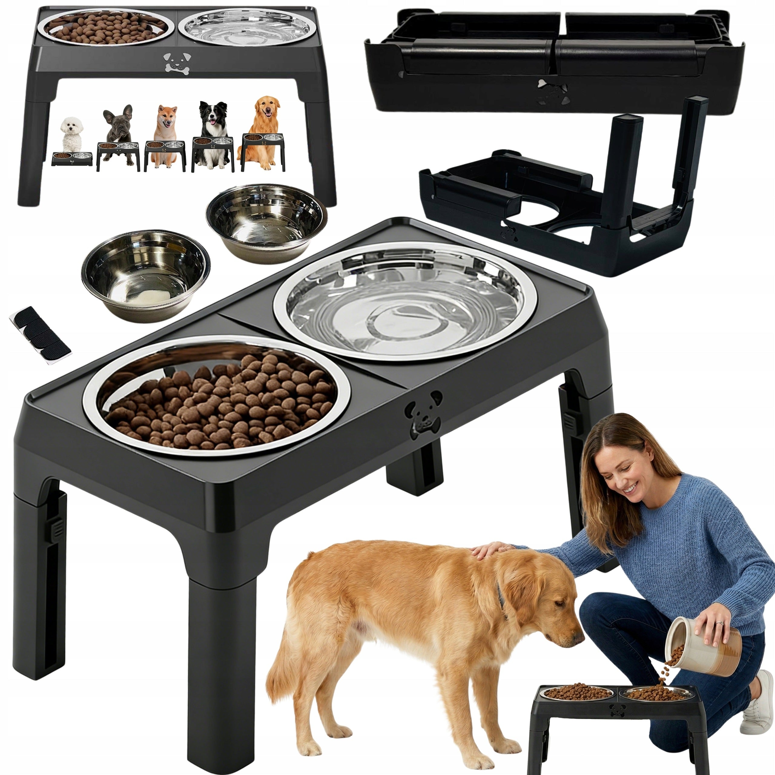 DOG STAND BOWLS ADJUSTABLE 2X1L STAINLESS STEEL DOUBLE