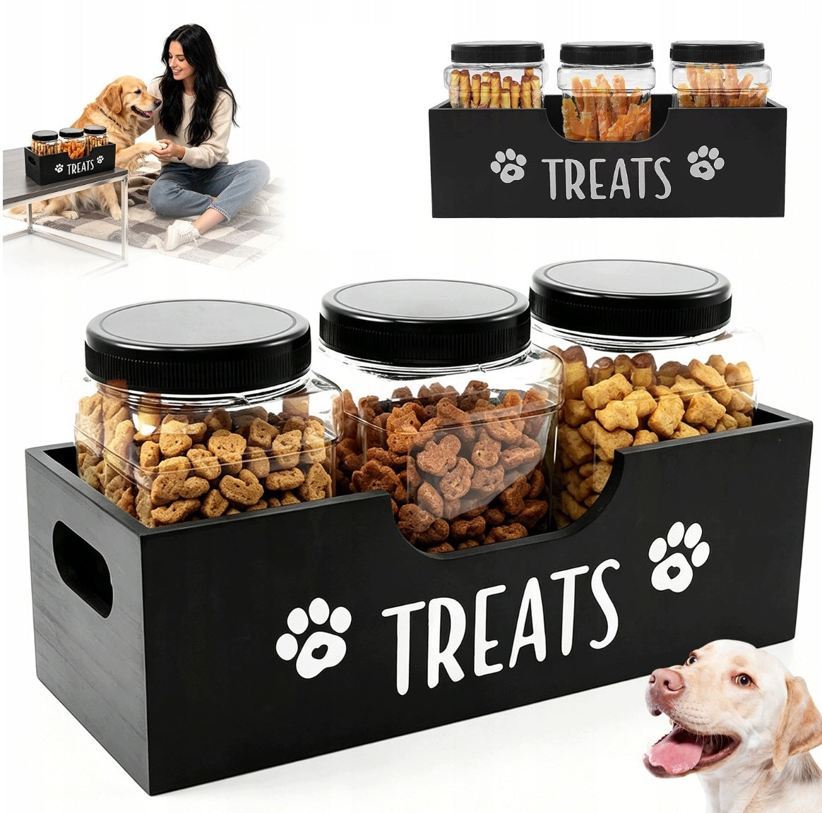 DOG TREAT CONTAINER WOODEN SET OF 3 STORAGE JARS