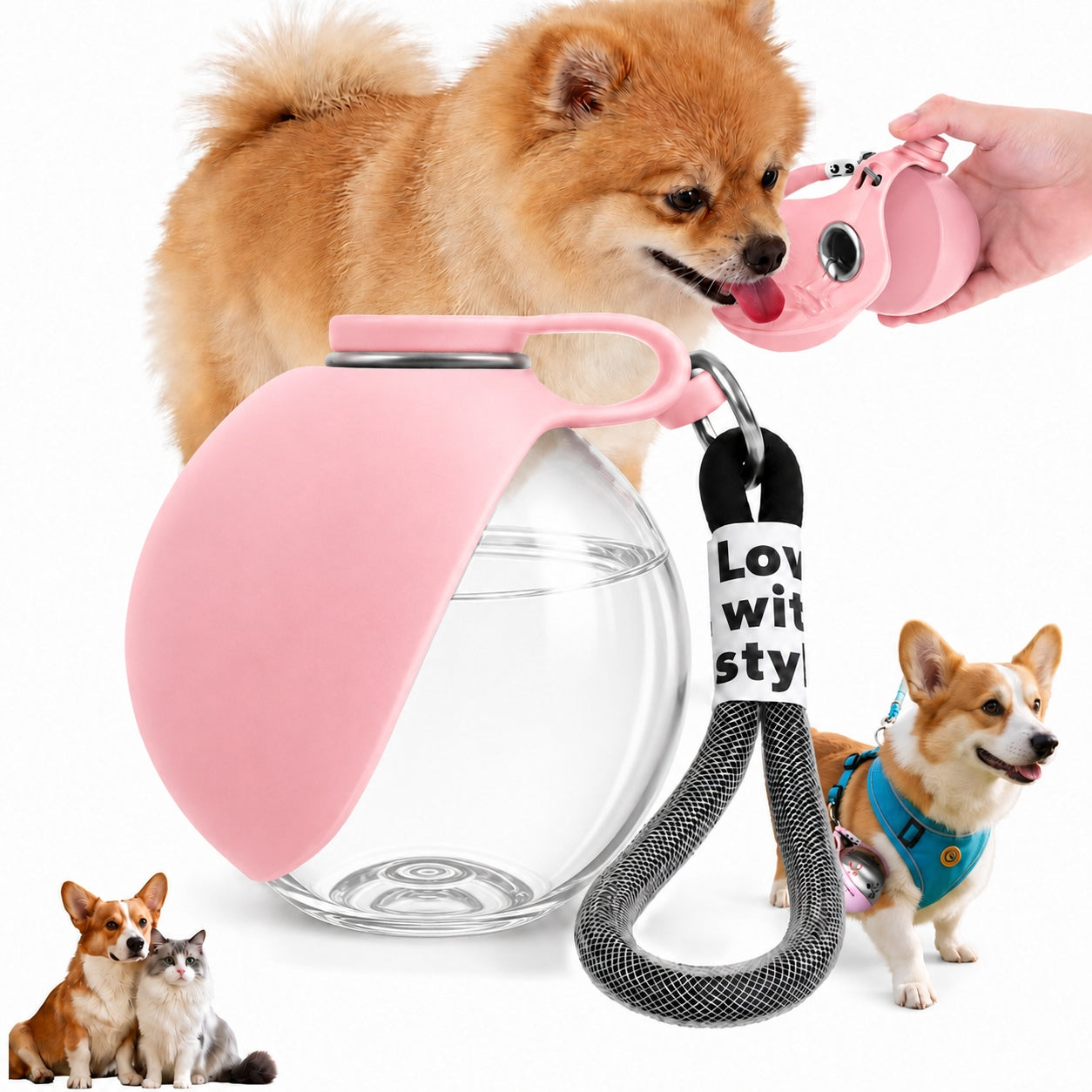 DOG WATER BOTTLE TRAVEL BOWL TRAVEL DRINKER PINK