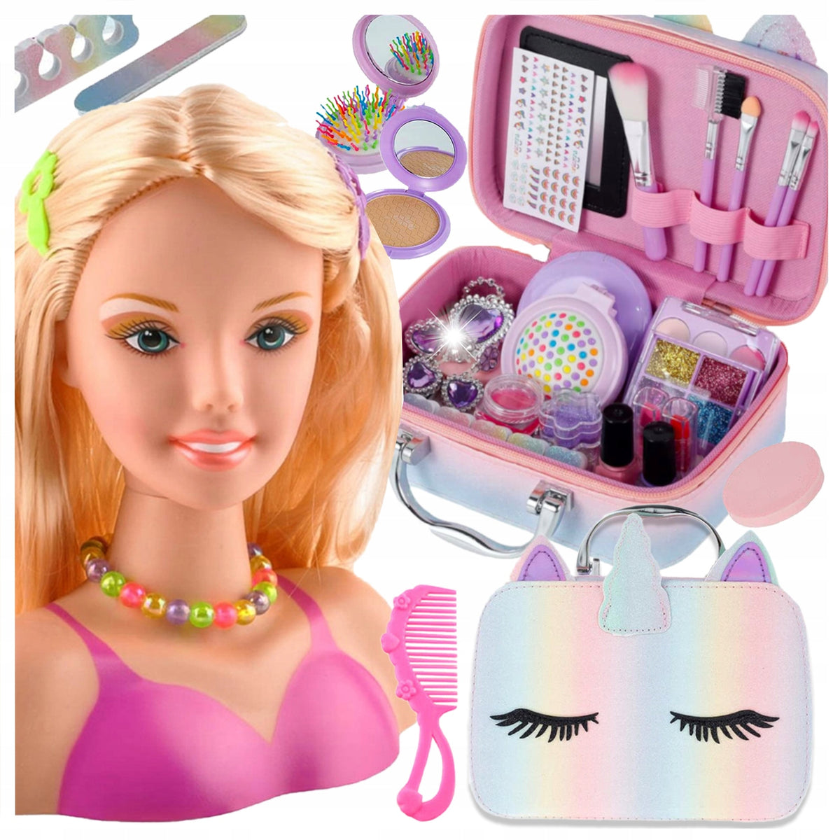 DOLL HEAD MANNEQUIN for combing and styling HAIRSTYLES + XXL cosmetics set
