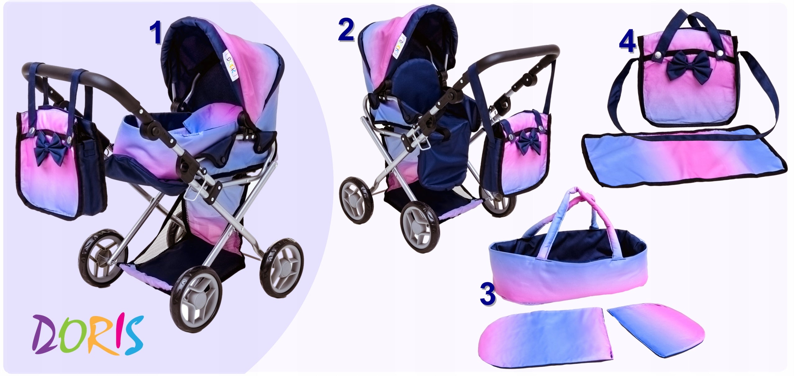 DOLL STROLLER DEEP GONDOLA STROLLER 3in1 FOLDING BAG BEDDING Doris Manufacturer code 9346NB
