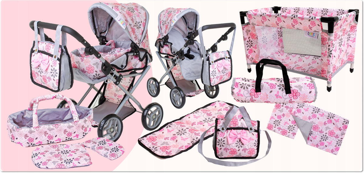 DOLL STROLLER DEEP walking gondola 3in1 + DOLL COT SET Manufacturer code 9346NB/Z02 Zestaw dla lalek