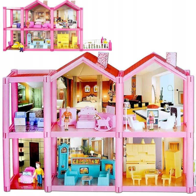 DOLLHOUSE 6 ROOMS TERRACE FURNITURE DOLLS 136 ELEMENTS FIGURINES SET