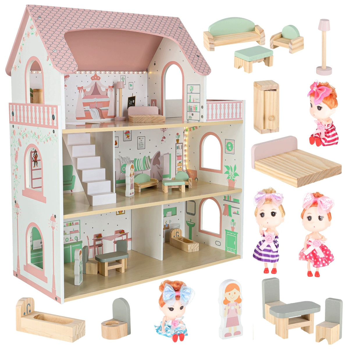 DOLLHOUSE LARGE PINK XXL LIGHTING LED FURNITURE 4 DOLLS