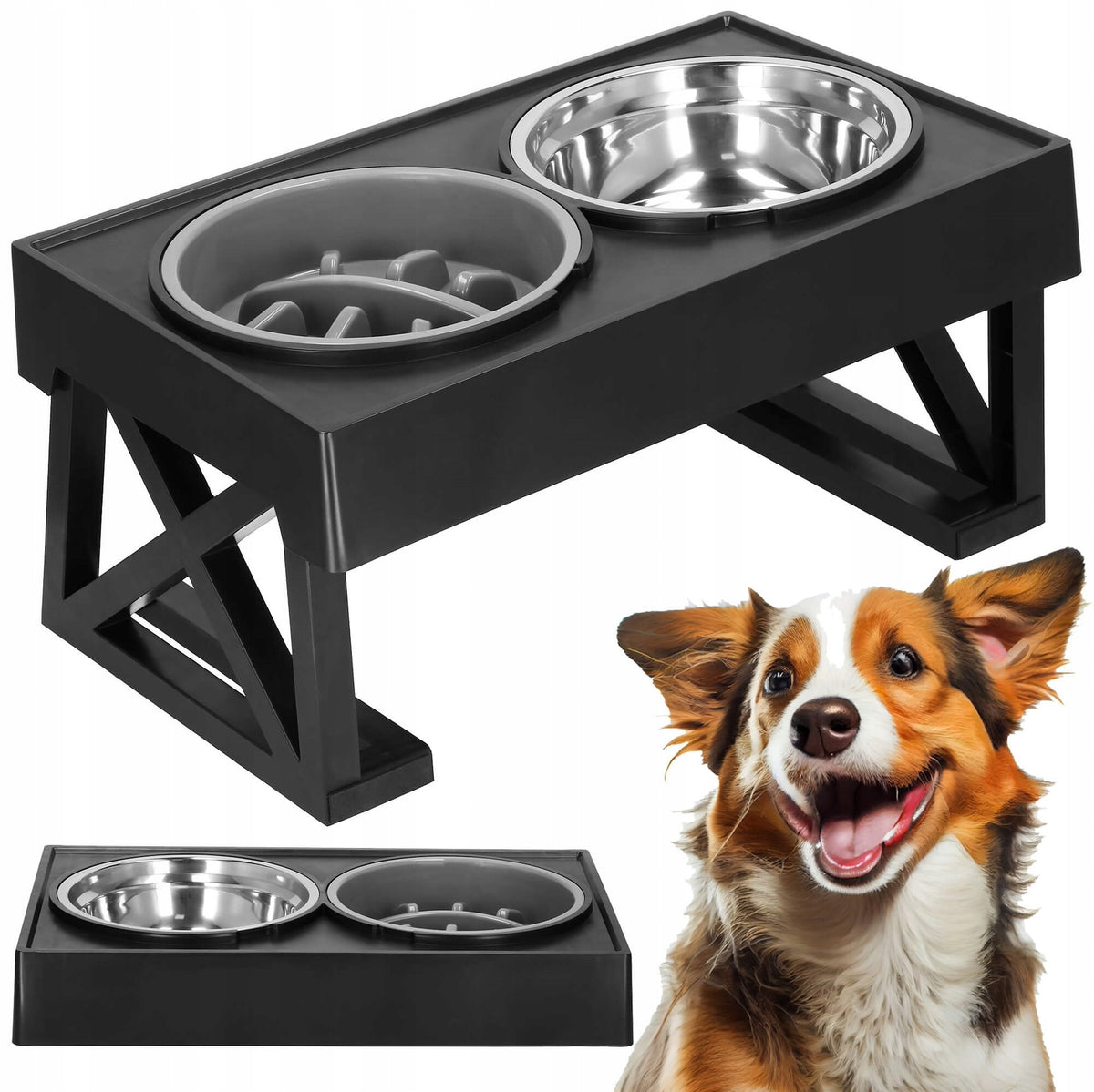 DOUBLE BOWL x2 FOR DOG ADJUSTABLE HEIGHT SLOW STAND