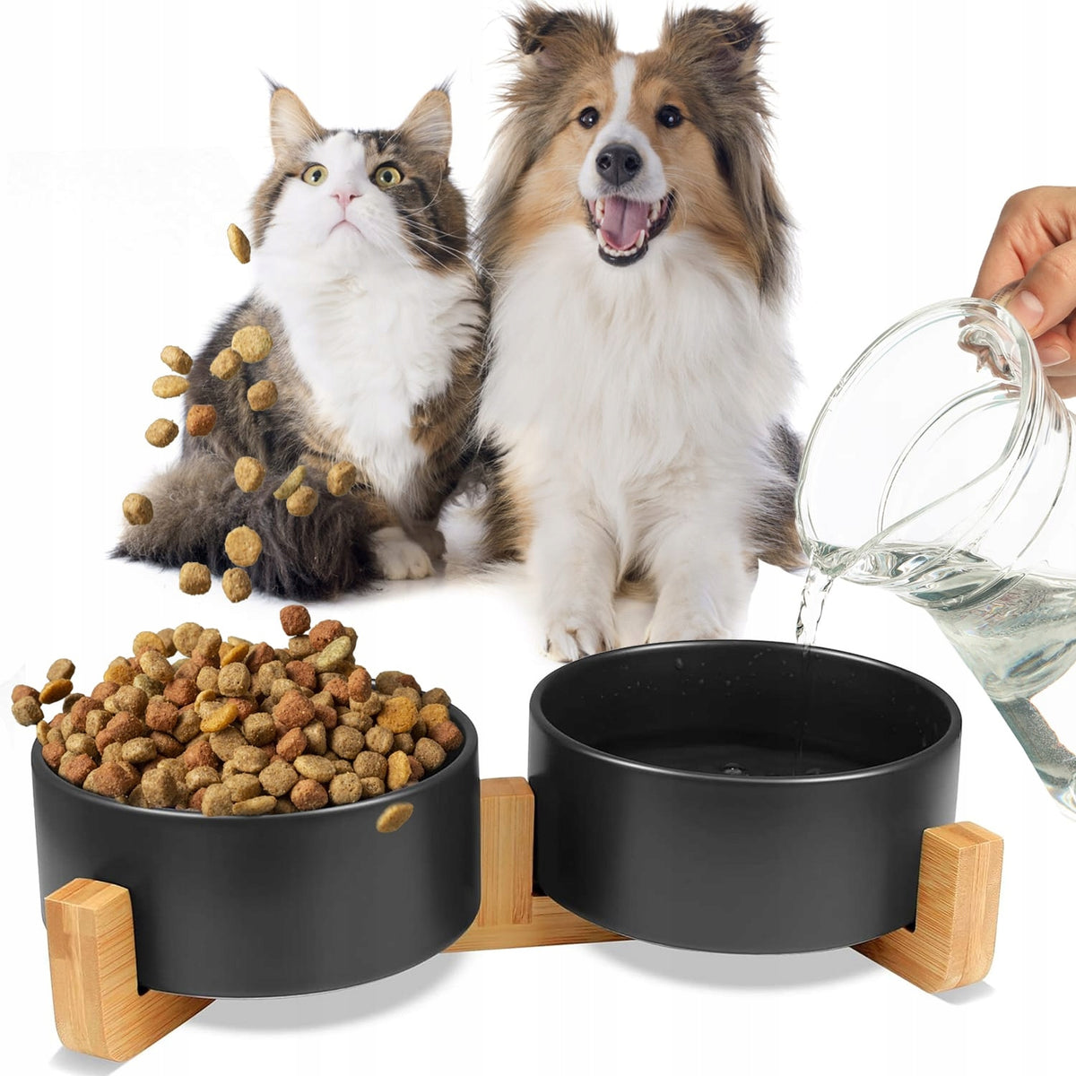 DOUBLE CERAMIC BOWL FOR DOG AND CAT 2 BOWLS WOODEN BASE 2x400ml