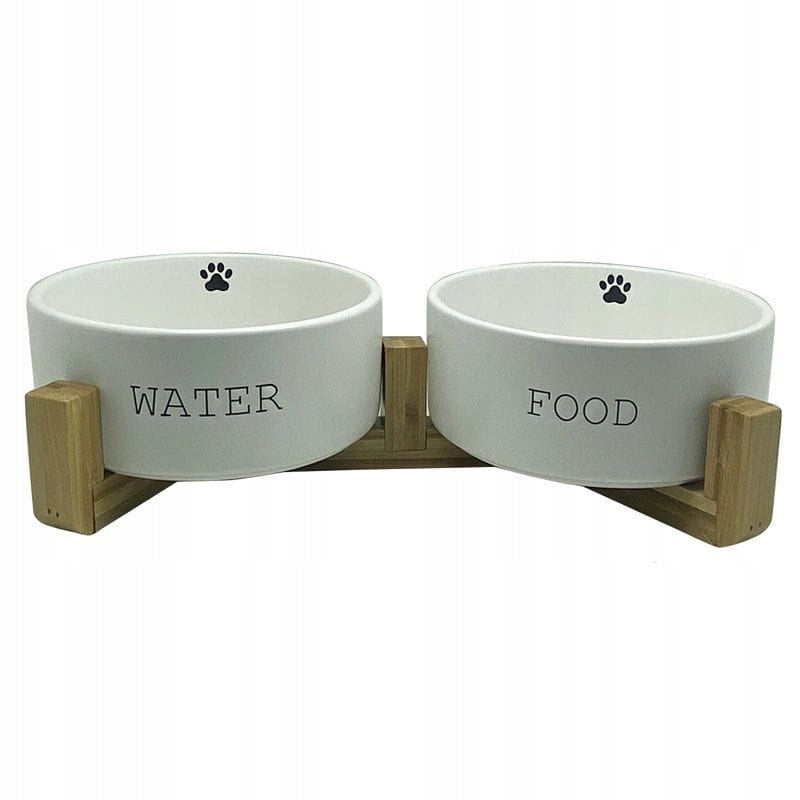 DOUBLE CERAMIC BOWL ON WOODEN STAND FOR WATER AND FOOD WHITE 2x 13