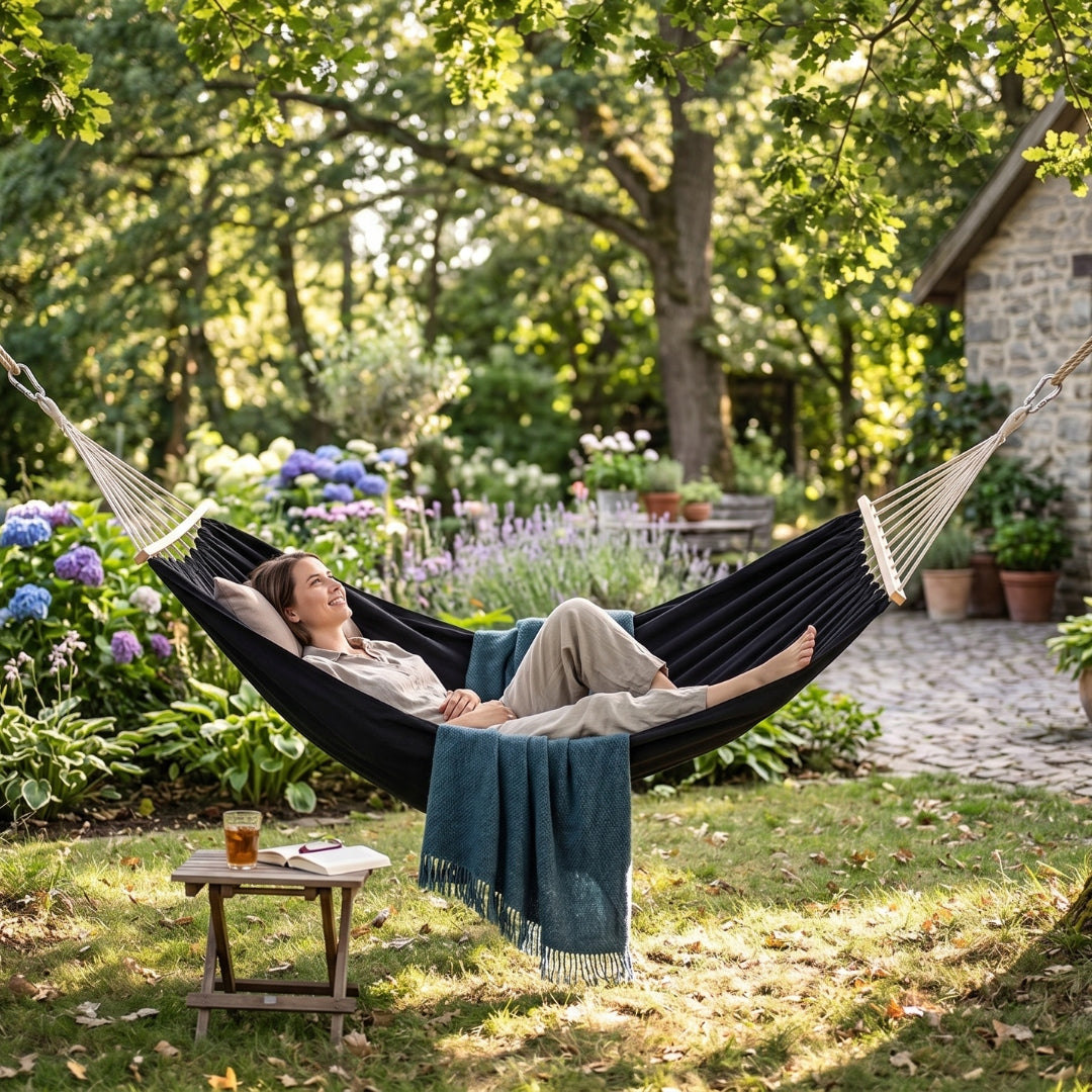 DOUBLE GARDEN HAMMOCK with BAR STRONG HOLDING with bag Manufacturer code Hamak dwuosobowy ogrodowy z drążkami + torba